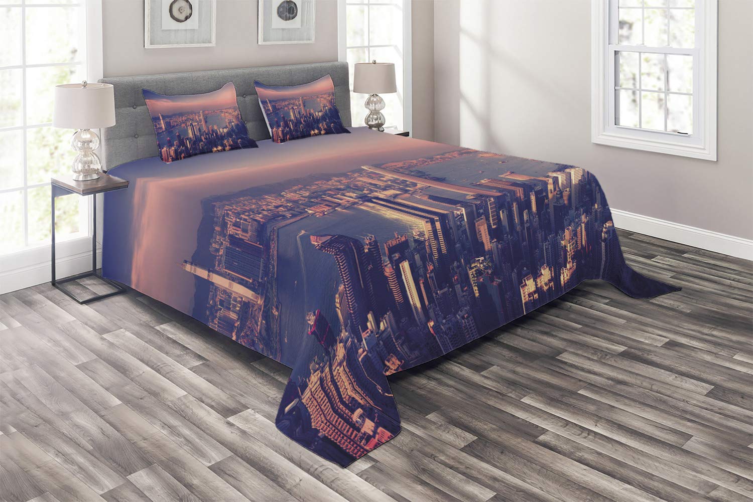 Ambesonne 3-Piece King Size Quilted Bedspread Set - Hong Kong Victoria Harbor Cityscape Design with 2 Pillow Shams in Pale Pink & Night Blue | Urban Decor Bedding for Modern Home, Guest Room or Apartment