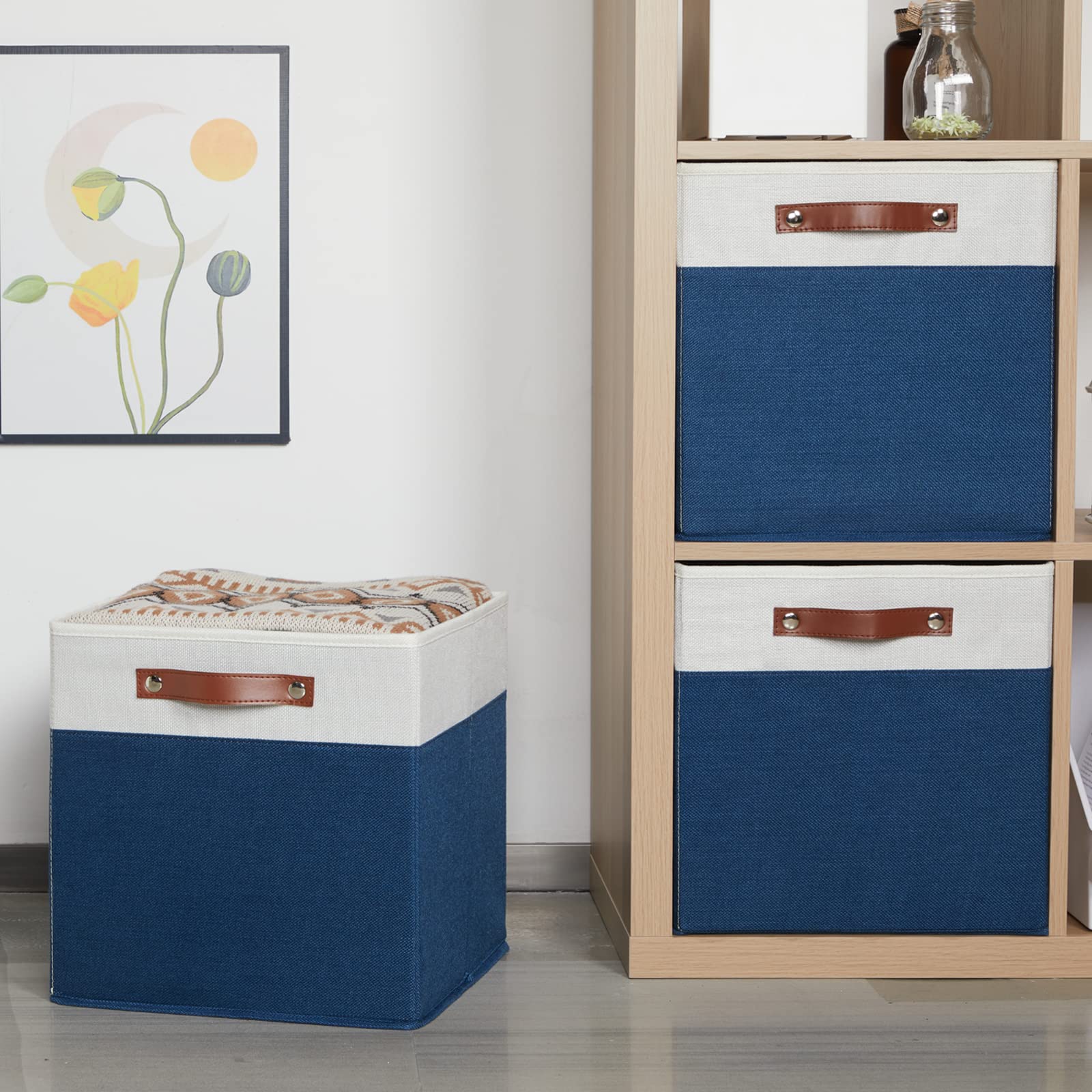 HNZIGE 13x13 Inch Fabric Storage Cubes Bins Set of 4 - Foldable Cloth Storage Baskets for Shelves, Cube Organizer, Toy & Nursery Organization (Blue & White) | Perfect for Kids Room, Closet, Office & Home Decor
