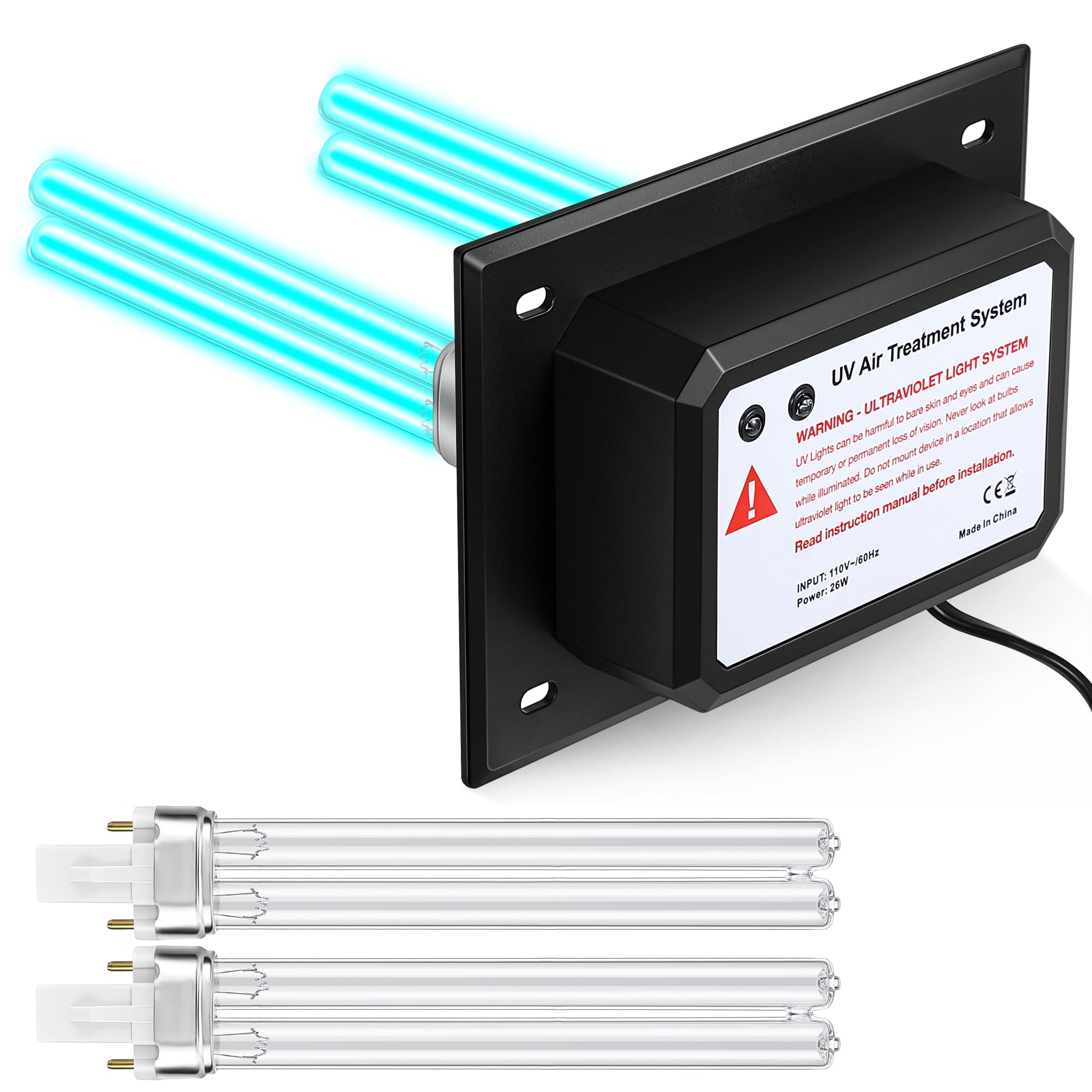 Qualirey 26W HVAC UV Light Sanitizer Air Purifier - 110V Dual UVC Germicidal Lamp for Home AC Duct System | Eliminates Mold, Bacteria & Viruses | Ideal for Whole House Air Purification in Bedrooms, Living Rooms & Offices
