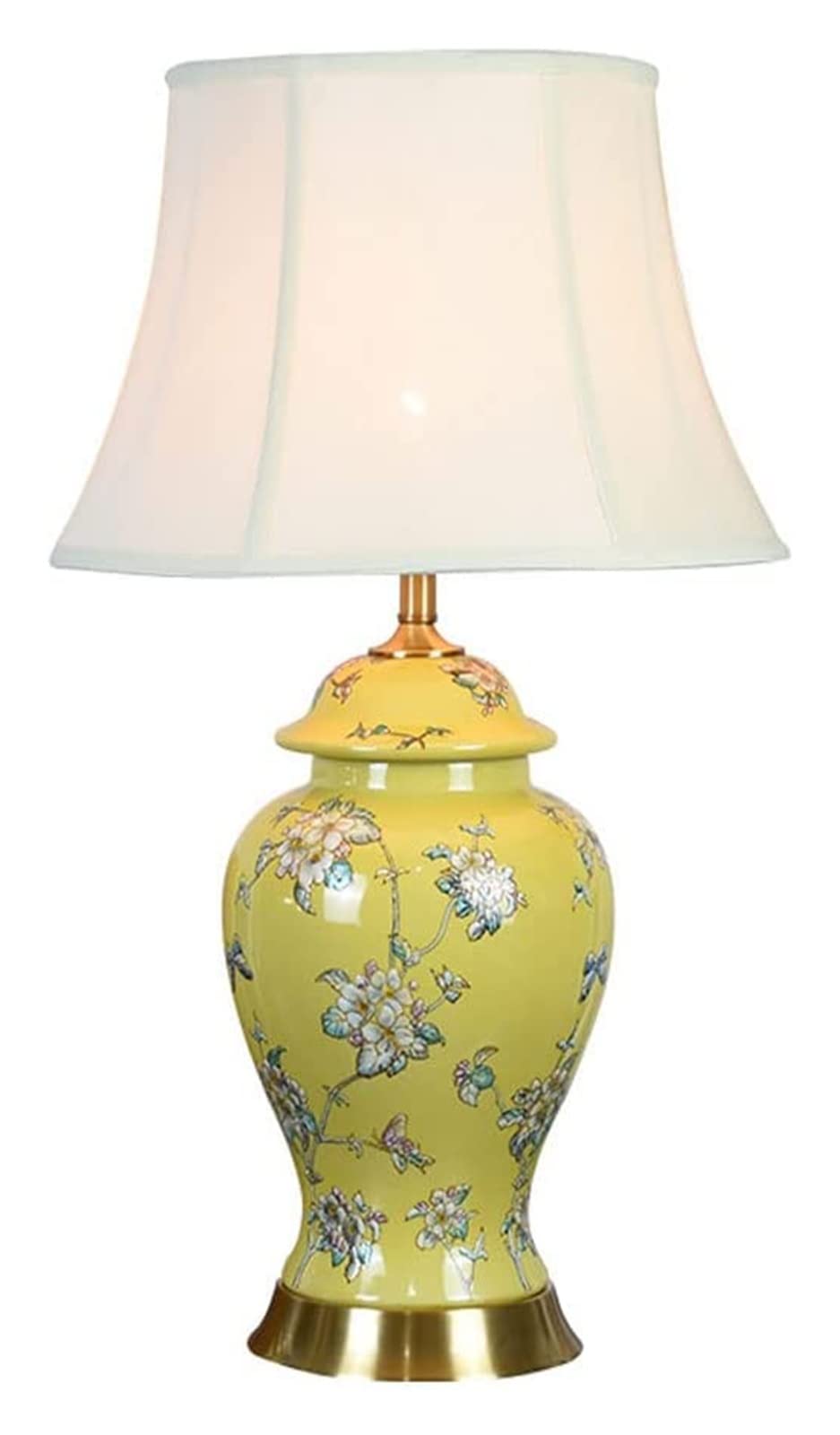 Hand-Painted Ceramic Table Lamp with Floral & Bird Design - Yellow Nightstand Lamp for Bedroom, Living Room, Desk - Perfect for Cozy Reading Nook & Bedside Lighting