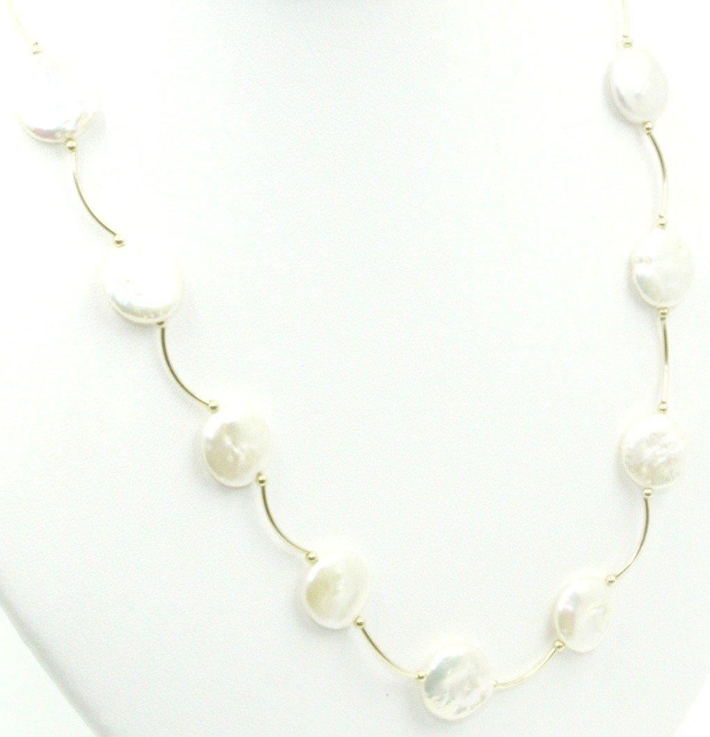 12mm Freshwater White Pearl Necklace with 14k Yellow Gold Spacers - 18 Inch Elegant Jewelry for Women, Perfect for Weddings, Parties & Special Occasions