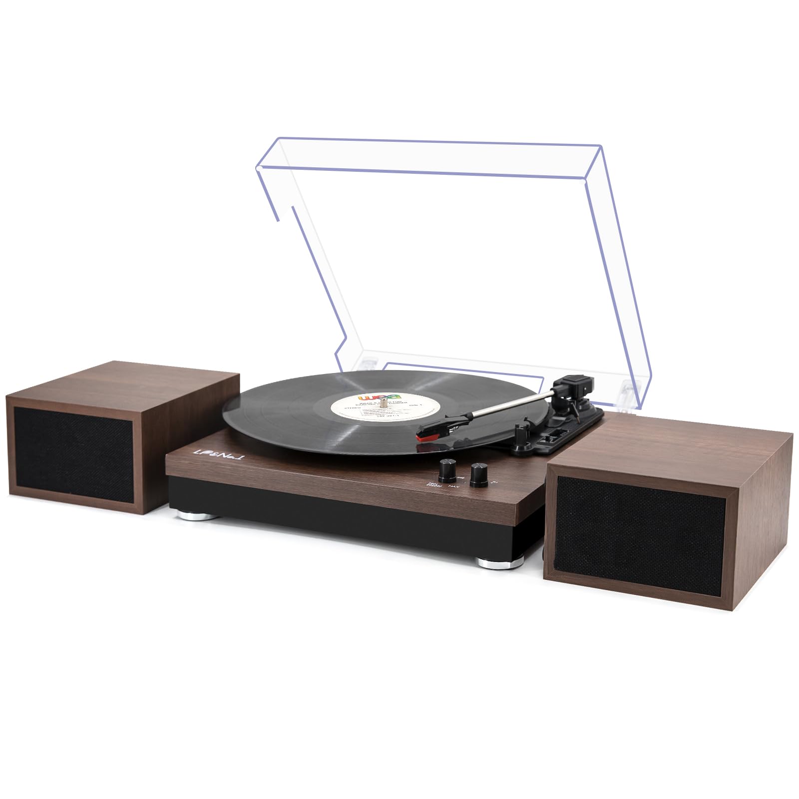 LP&No.1 Vintage Vinyl Record Player with Dual Stereo Bookshelf Speakers - 3-Speed Belt-Drive Turntable, Wireless Bluetooth Playback, RCA Output & Auto-Stop | Walnut Finish | Perfect for Home Entertainment & Music Lovers
