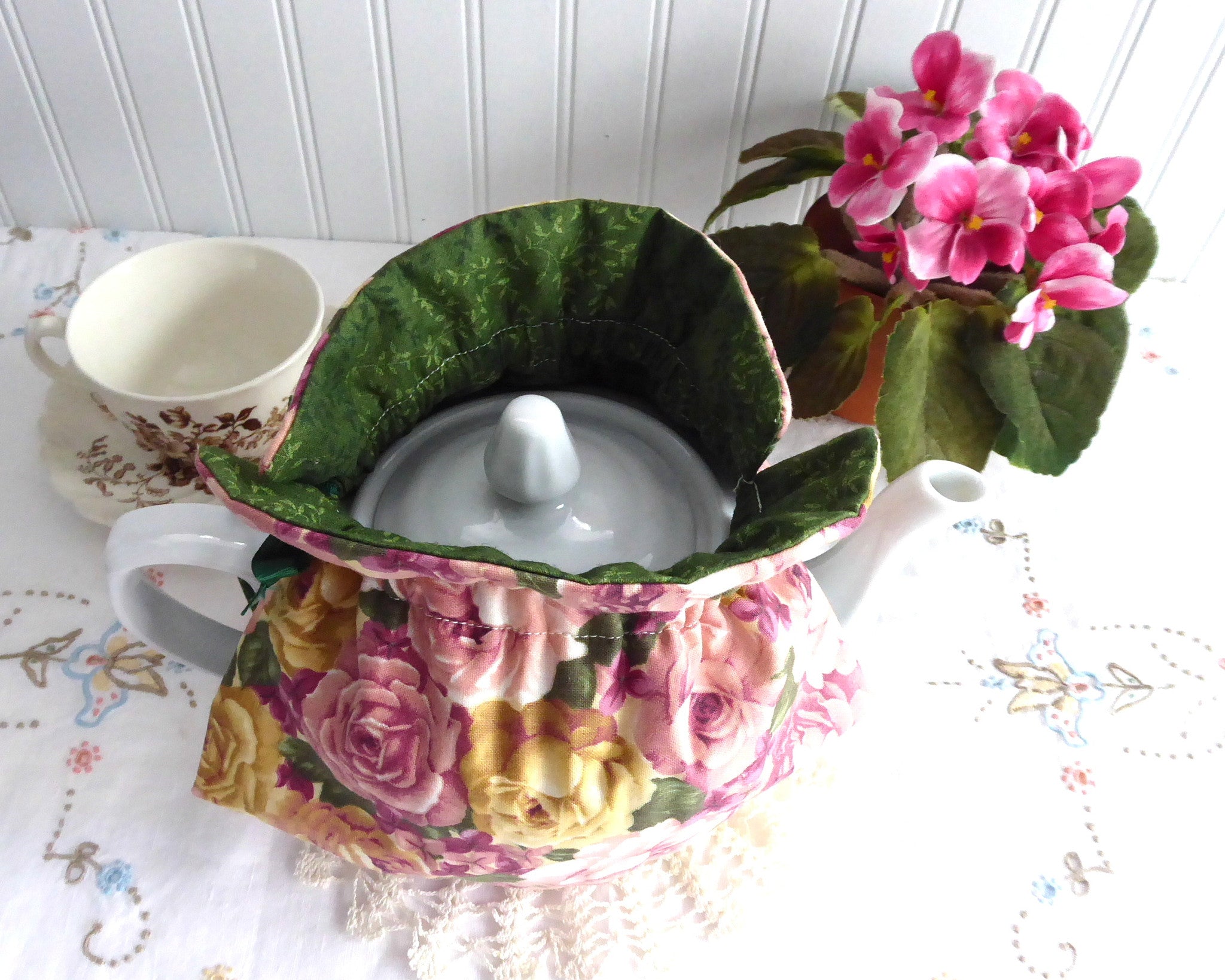 Reversible Tea Cozy with Lush Roses - Padded Pink, Yellow & Green Lining - Handmade in USA | Perfect for Tea Parties & Cozy Afternoons