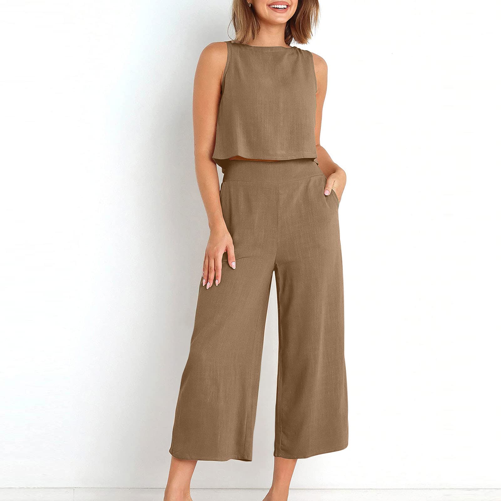 Women's 2-Piece Summer Outfit Set - Linen Crop Top & High Waist Wide Leg Capri Pants | Lounge Wear, Casual Matching Set for Beach, Vacation & Everyday Comfort