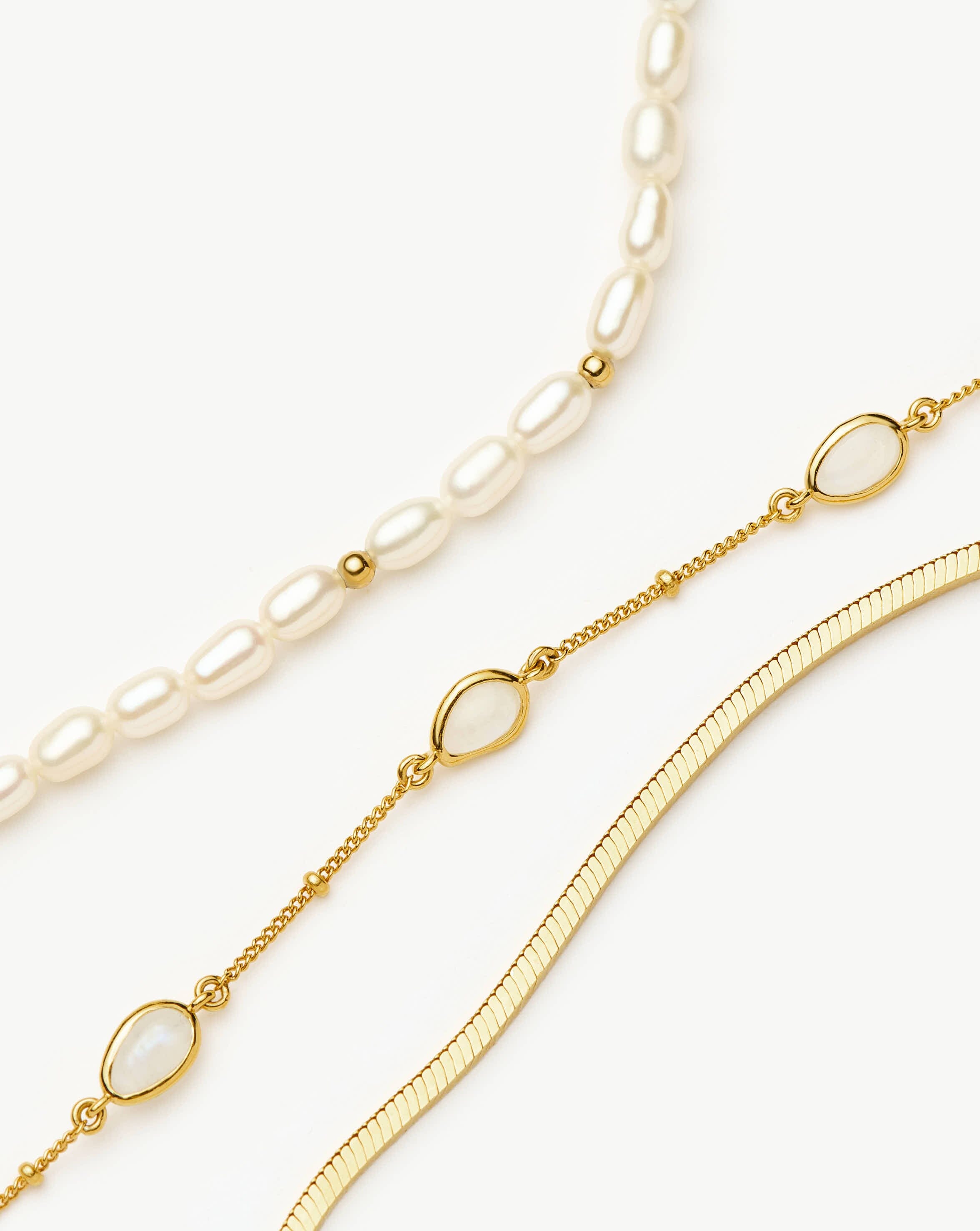 18k Gold Plated Pearl & Snake Chain Triple Bracelet Set for Women - Elegant Stackable Jewelry for Parties, Weddings & Everyday Wear