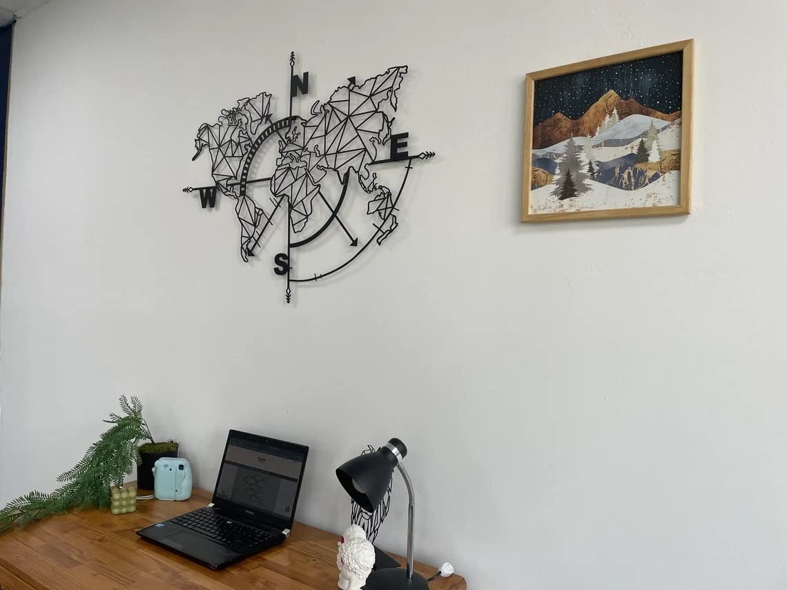 DEKADRON Modern Metal World Map Wall Art with Geometric Compass - Black 55