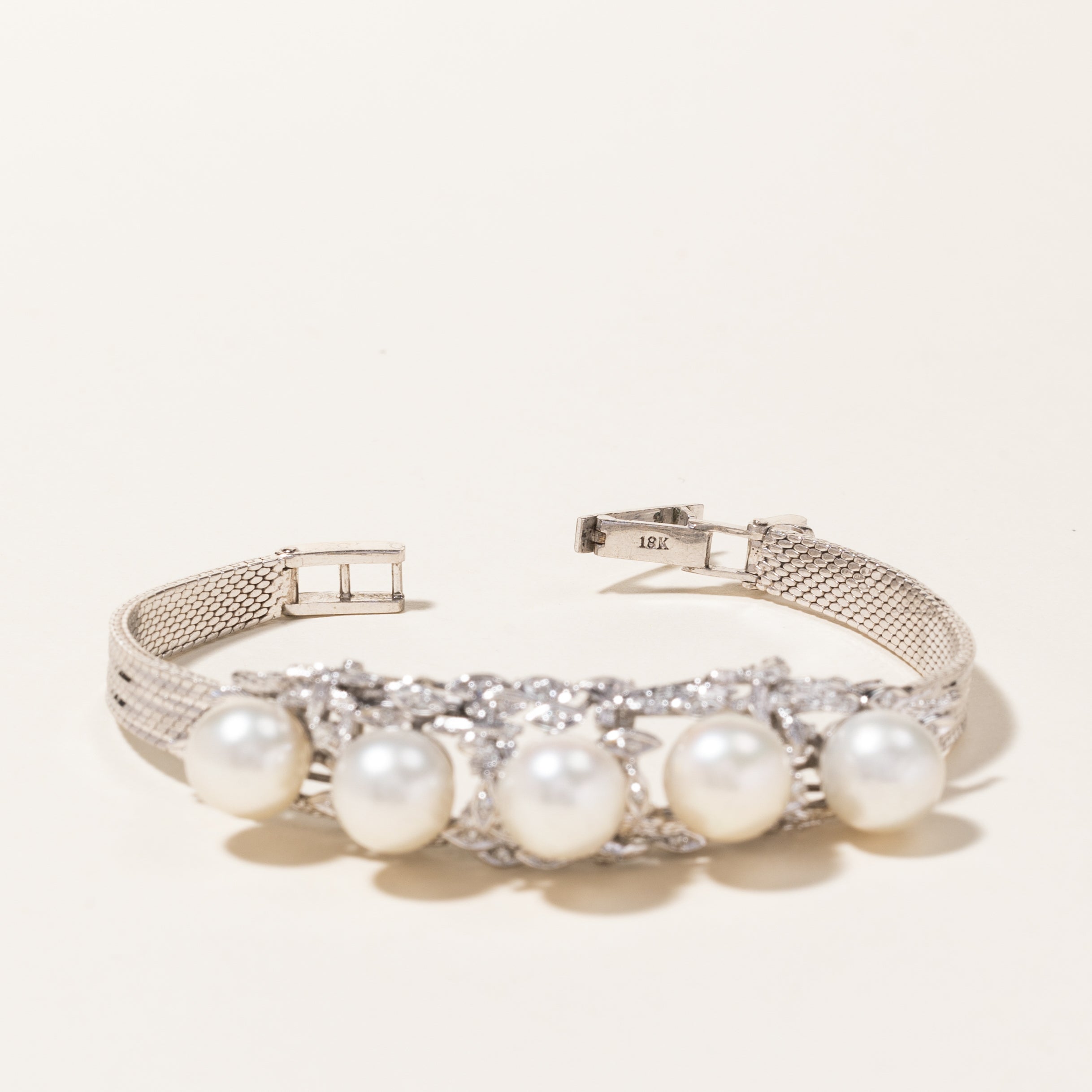 Luxury 5 Pearl & Diamond Bracelet - 9.10mm to 9.40mm Pearls, 0.13ctw Diamonds - 6.75 Inch Adjustable Length - Perfect for Weddings, Anniversaries & Special Occasions