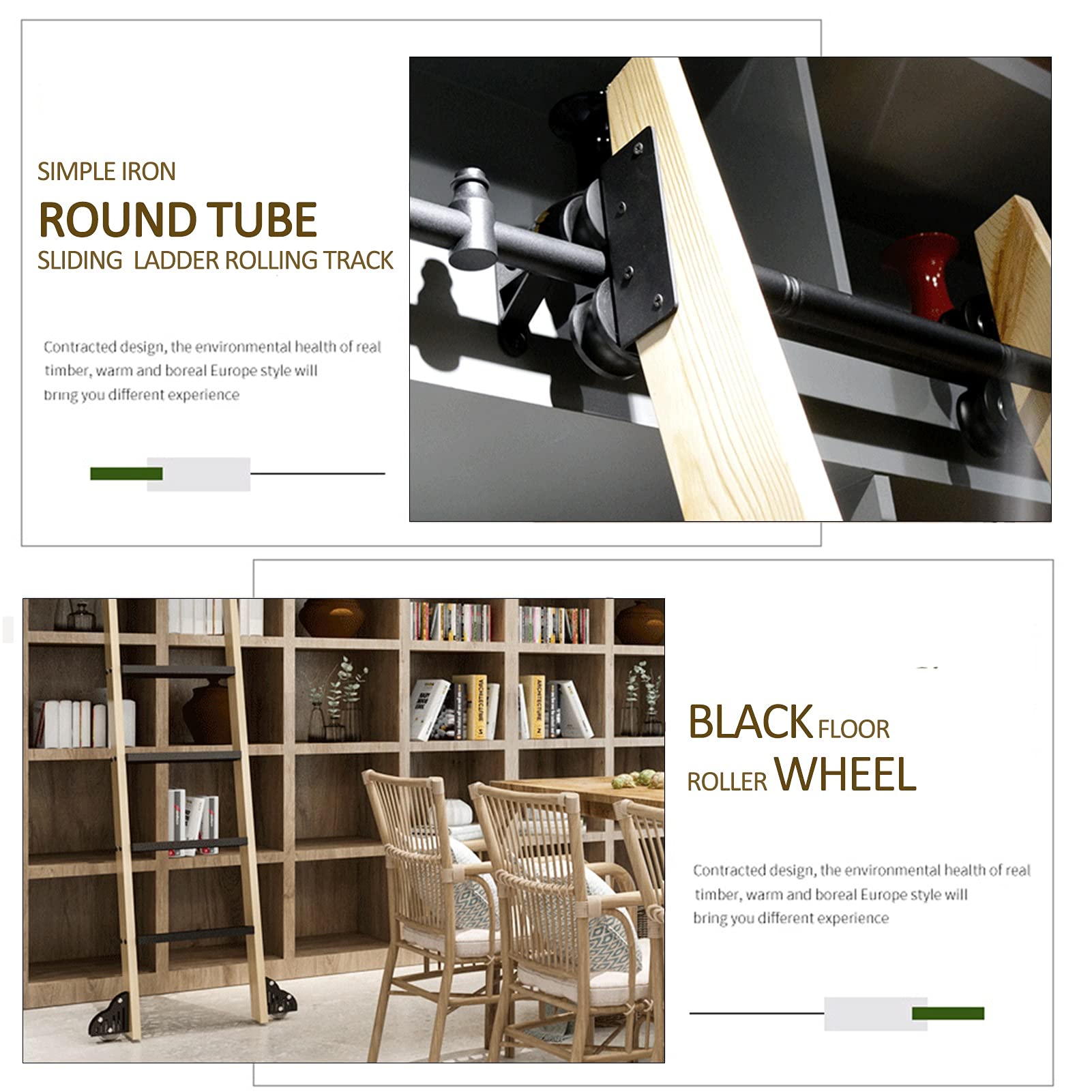 Sliding Barn Door Kit 3.3ft-20ft with Floor Roller Wheels - Heavy Duty Extension Rolling Library Rail System - Complete Hardware Set (No Ladder Included) - Retractable Round Tube Mobile Ladder Track for Loft, Home, Indoor, Bookstore, Office, Warehouse, and Garage Use