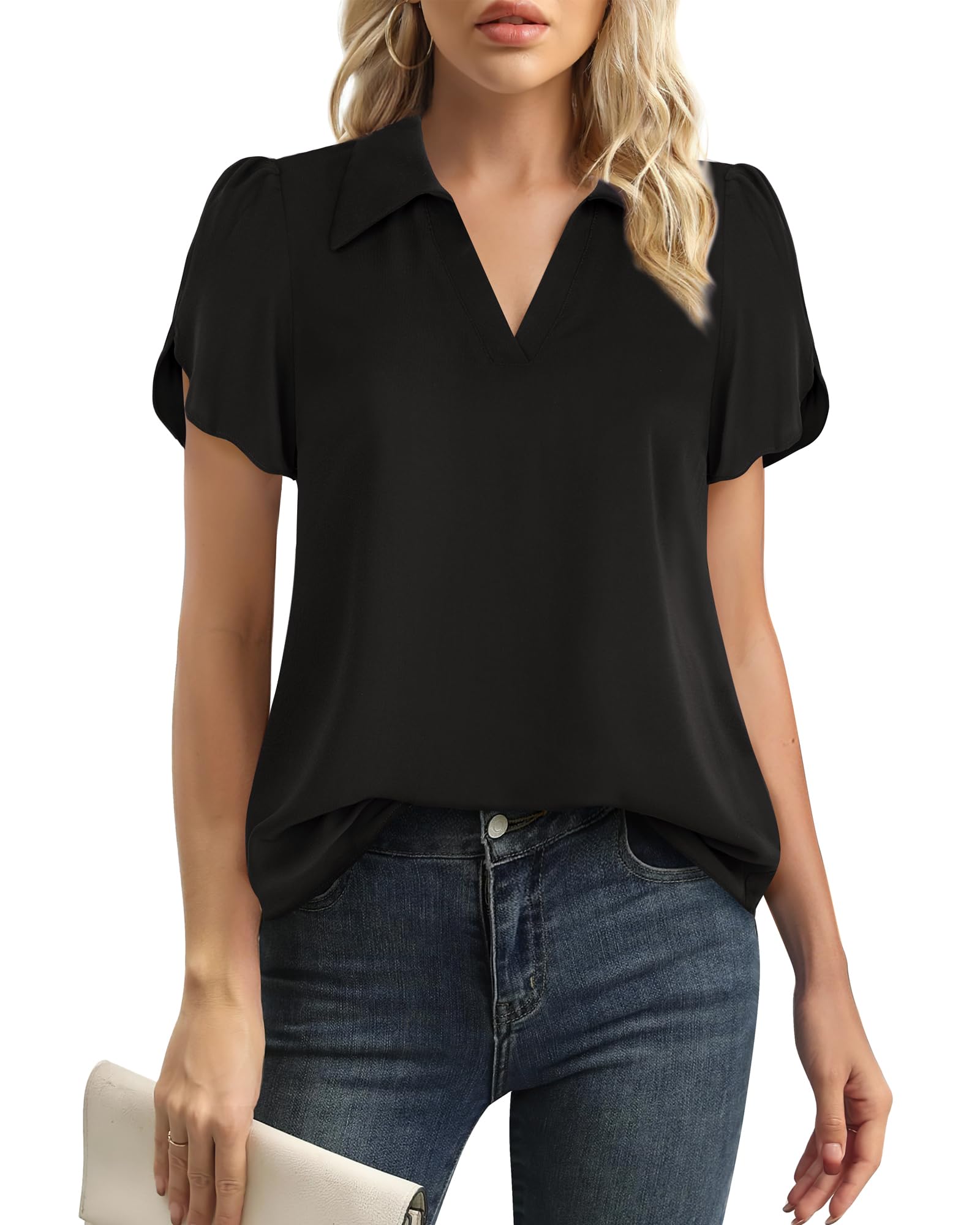 Lotusmile Women's Work Blouses - Puff Short Sleeve Dressy Casual Tops, Loose Chiffon Collared V-Neck Dress Shirt for Office, Business Meetings & Summer Outfits