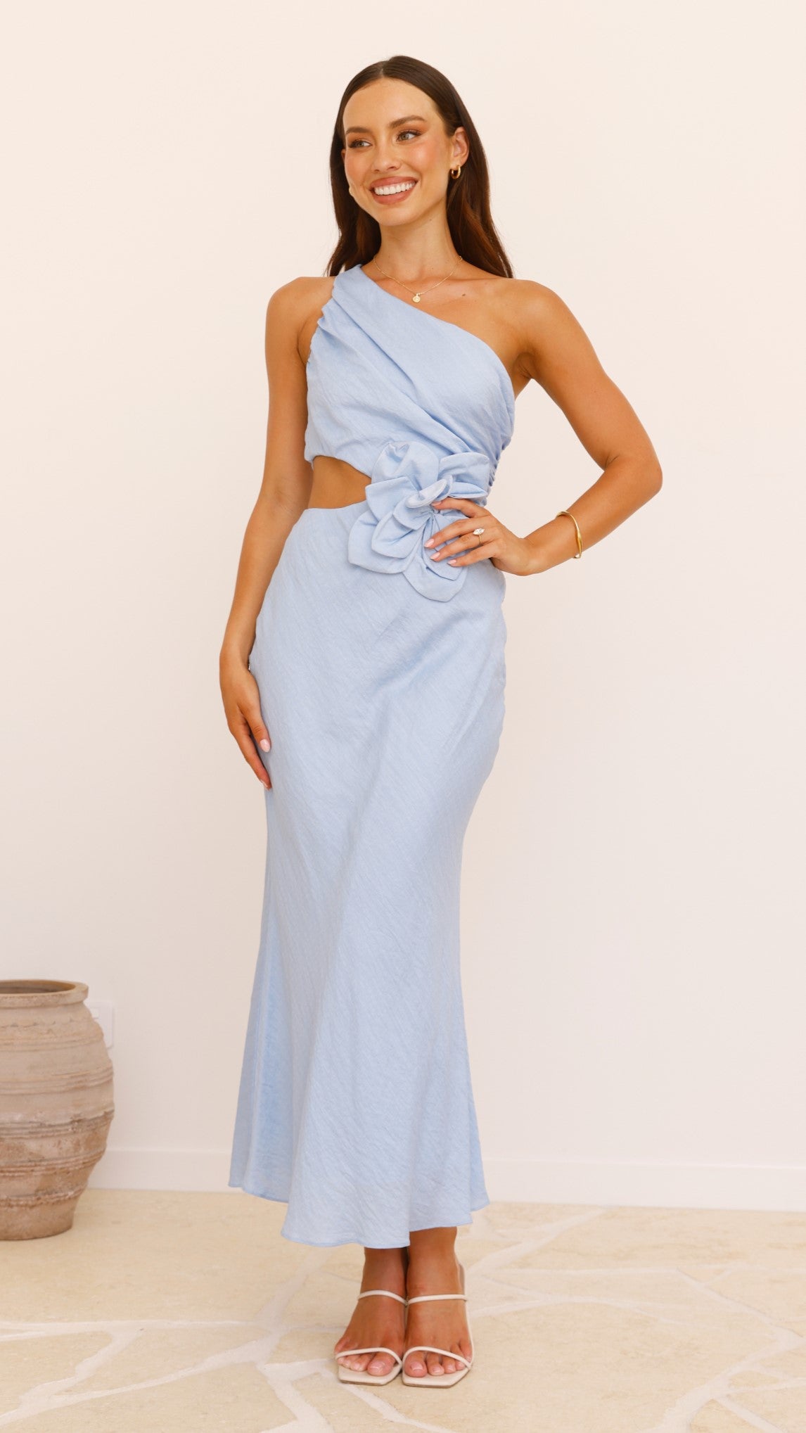 Bloom One Shoulder Cut Out Maxi Dress in Blue | Elegant Summer Beach Wedding Party Gown | Perfect for Vacations, Date Nights & Special Occasions
