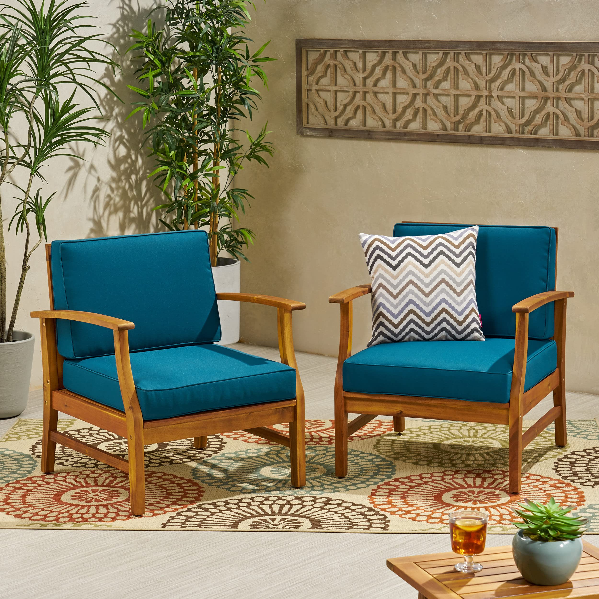 Christopher Knight Home Perla Outdoor Acacia Wood Club Chairs Set of 2 with Water Resistant Cushions - Teak Finish & Blue Fabric - Patio, Garden, Poolside Lounge Furniture for Backyard & Outdoor Relaxation