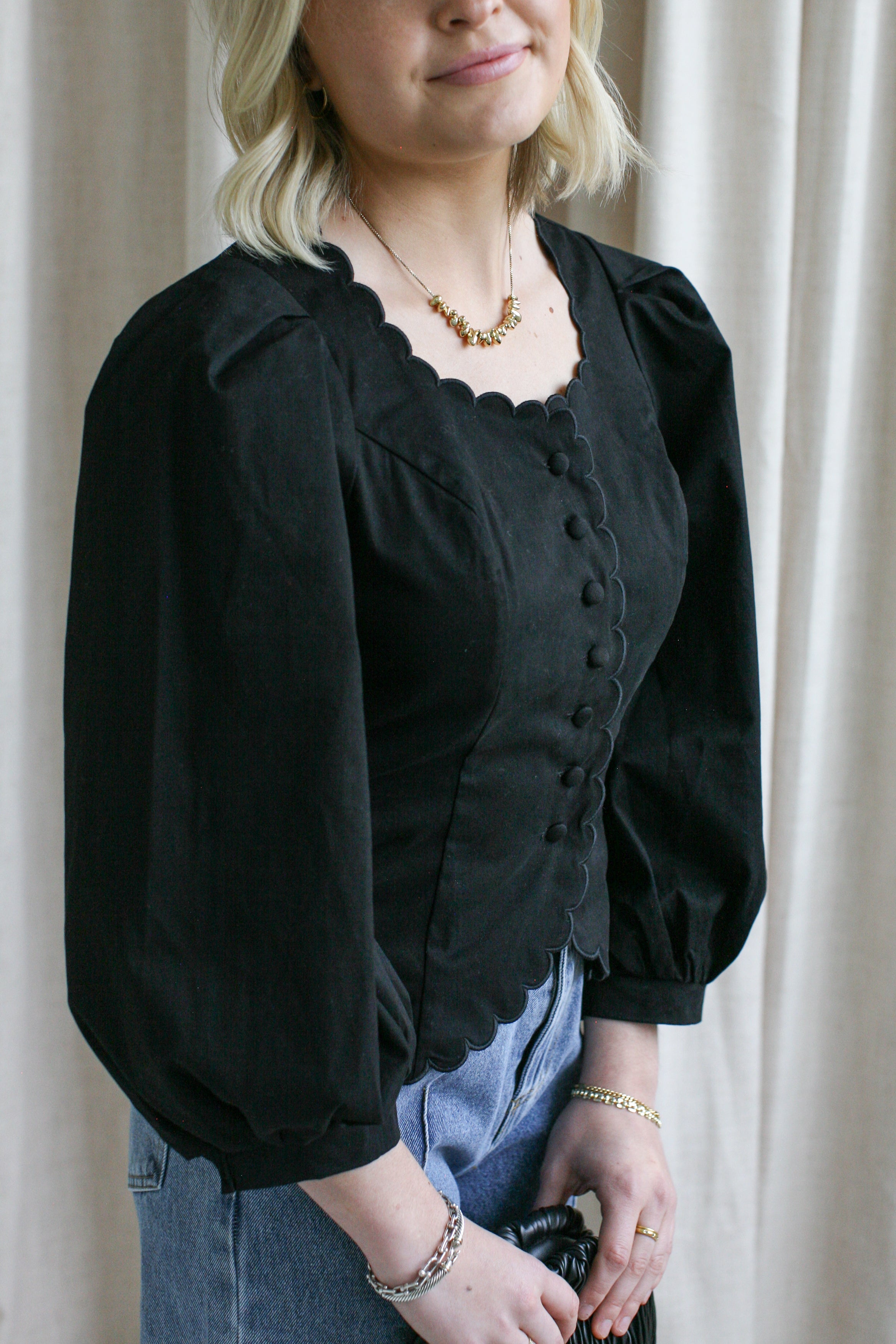 Claudia Scallop Blouse - Women's Elegant Black Top with Scallop Neckline for Work, Party & Date Night | Fashionable & Comfortable Blouse for Office, Dinner & Special Occasions