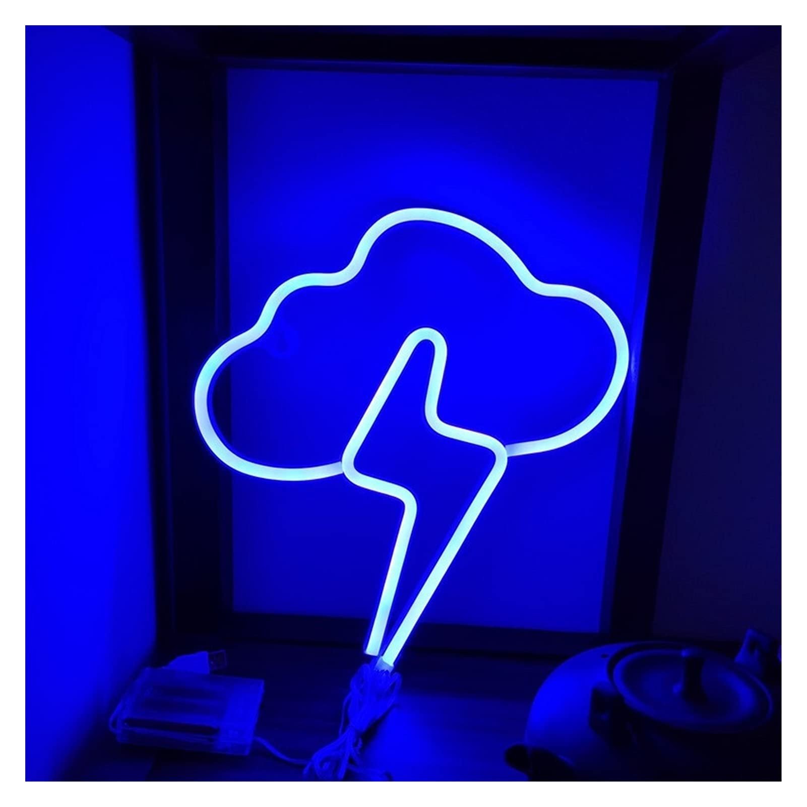Blue LED Neon Light Sign - Cloud & Lightning Design, Battery/USB Powered Wall Hanging Lamp for Room Decor, Bedroom, Bar, Party, Wedding & Gift