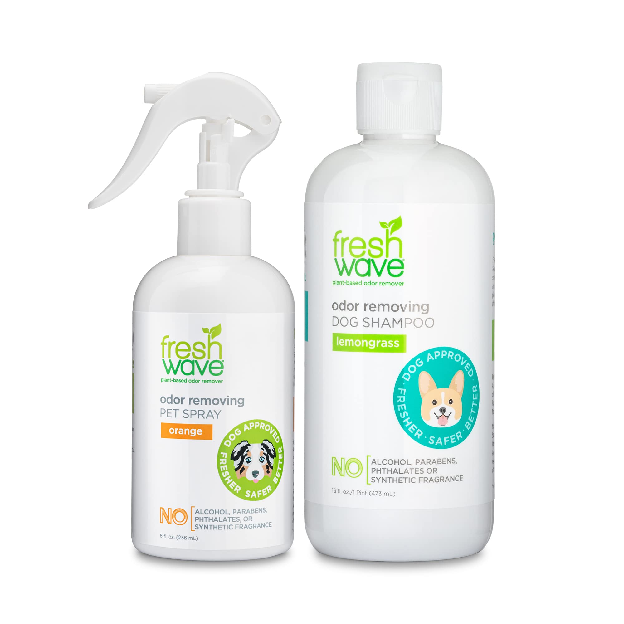 Fresh Wave Orange Pet Odor Eliminator Spray & Lemongrass Dog Shampoo - Natural Deodorizer for Dogs & Cats, Eliminates Stubborn Smells - Perfect for Home, Car, and Pet Bedding Use