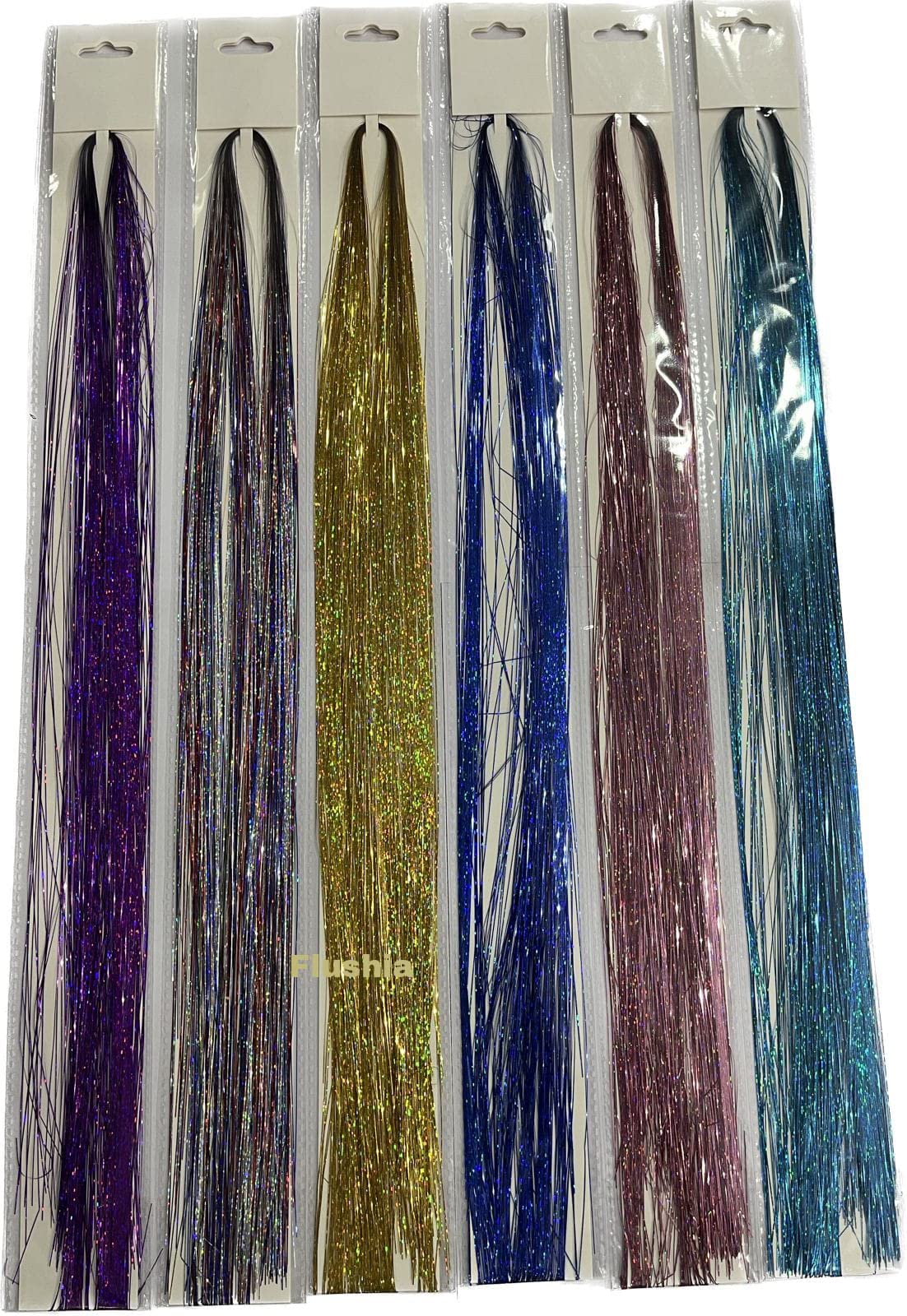 Flushia® 40 Inch Hair Tinsel Extensions - 3 Colors (2400 Strands) | Glitter Fairy Hair Highlights for Parties, Festivals & Special Occasions | Pack of 3