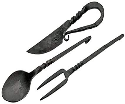 Medieval Eating Utensil Set - Handcrafted Iron Fork, Knife & Spoon - Authentic Renaissance Dinnerware for Reenactments, Themed Parties & Historical Collections