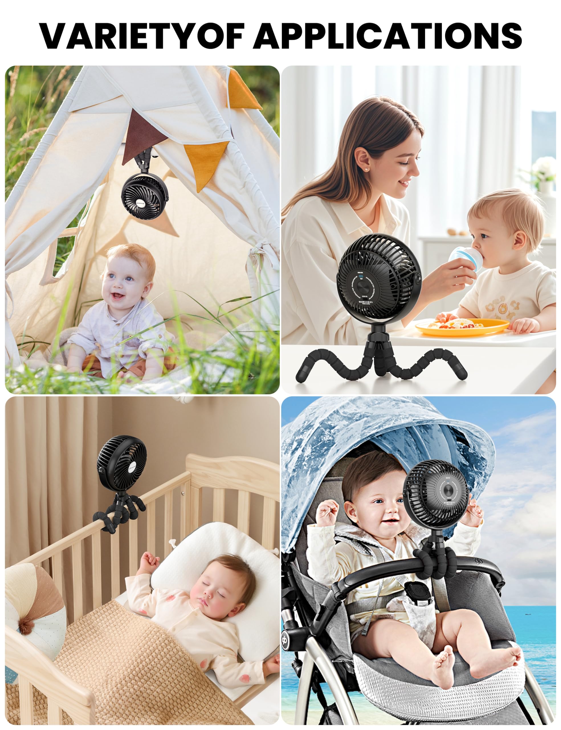 AMACOOL Rechargeable Baby Stroller Fan - 5000mAh Battery, 3-Speed Adjustable, Ultra Quiet with 360° Rotation | Portable Clip Fan for Travel, Car Seat, Crib, Bike & Treadmill | Perfect for Beach Vacations, Outdoor Activities & Nursery Cooling