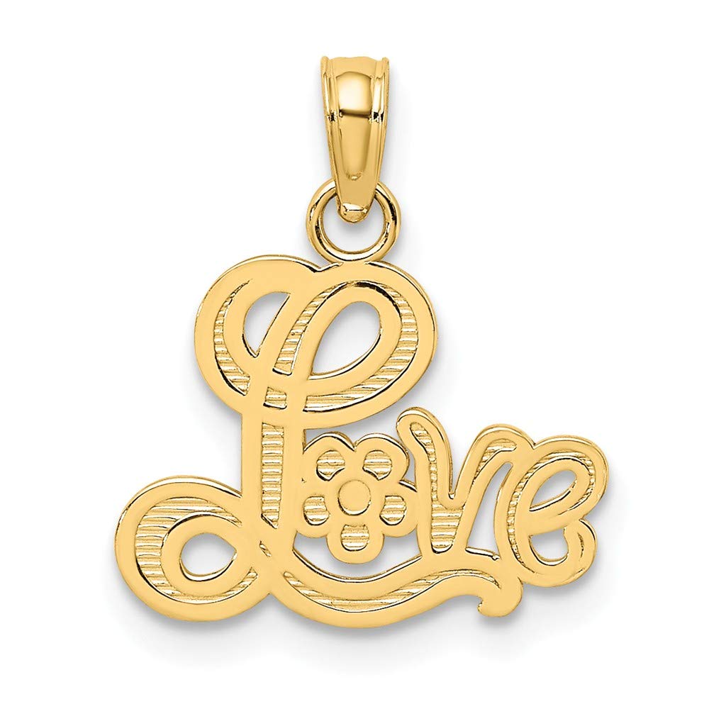 14K Solid Yellow Gold Love Script Pendant with Flower Charm - 15mm x 15mm - Perfect for Valentine's Day Gifts, Anniversary Presents & Everyday Jewelry