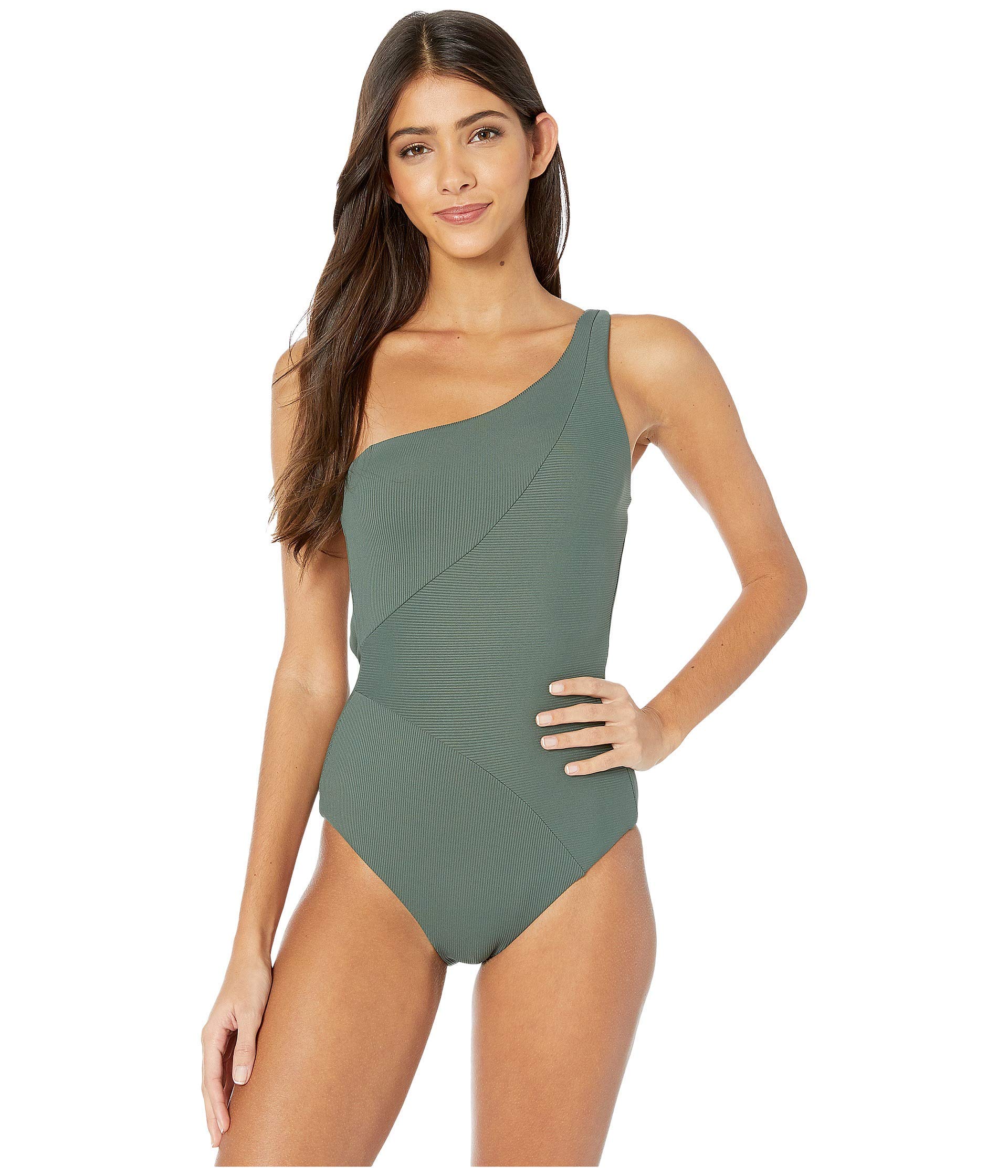 Rebecca Virtue Women's Adeline One Shoulder One Piece Swimsuit - Basil Green | Sexy Monokini Bathing Suit for Beach, Pool & Vacation | Plus Size Swimwear with Adjustable Straps