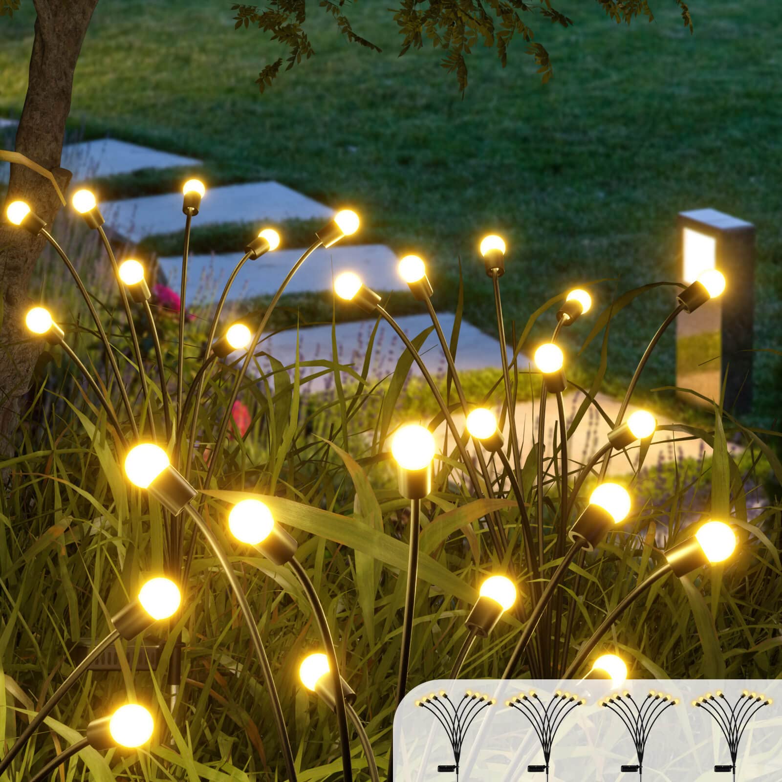 8 LED Solar Powered Firefly Lights - Outdoor Waterproof Starburst Swaying Solar Garden Lights for Pathway, Landscape & Yard Decor (4 Pack, Warm White) | Perfect for Patio, Walkway & Backyard Lighting