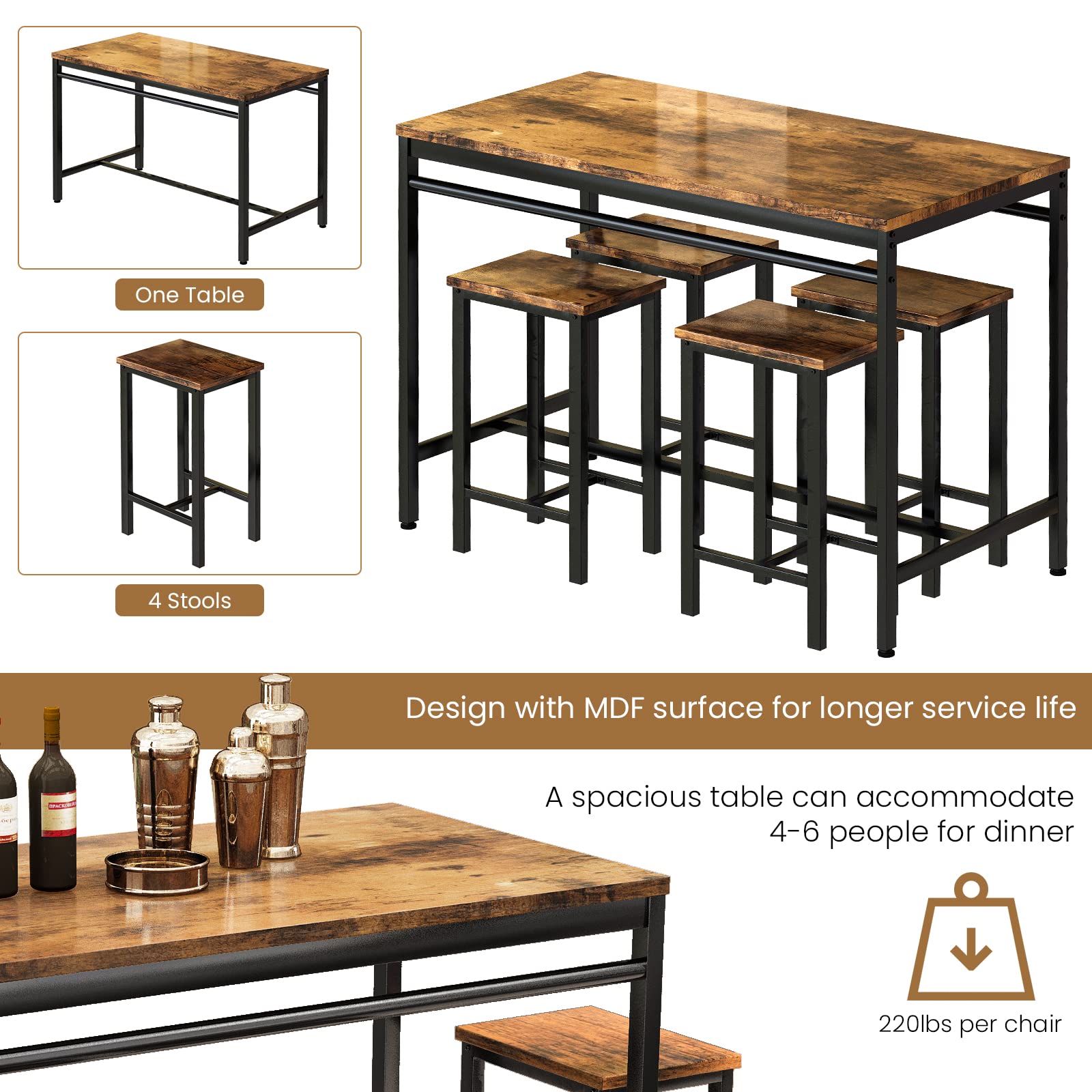 Recaceik 5-Piece Counter Height Dining Table Set for 4 - Modern Kitchen Bar Table with 4 Stools, Space-Saving Breakfast Nook Set for Apartments, Small Homes & Compact Spaces - Perfect for Morning Coffee, Casual Dining & Entertaining Guests