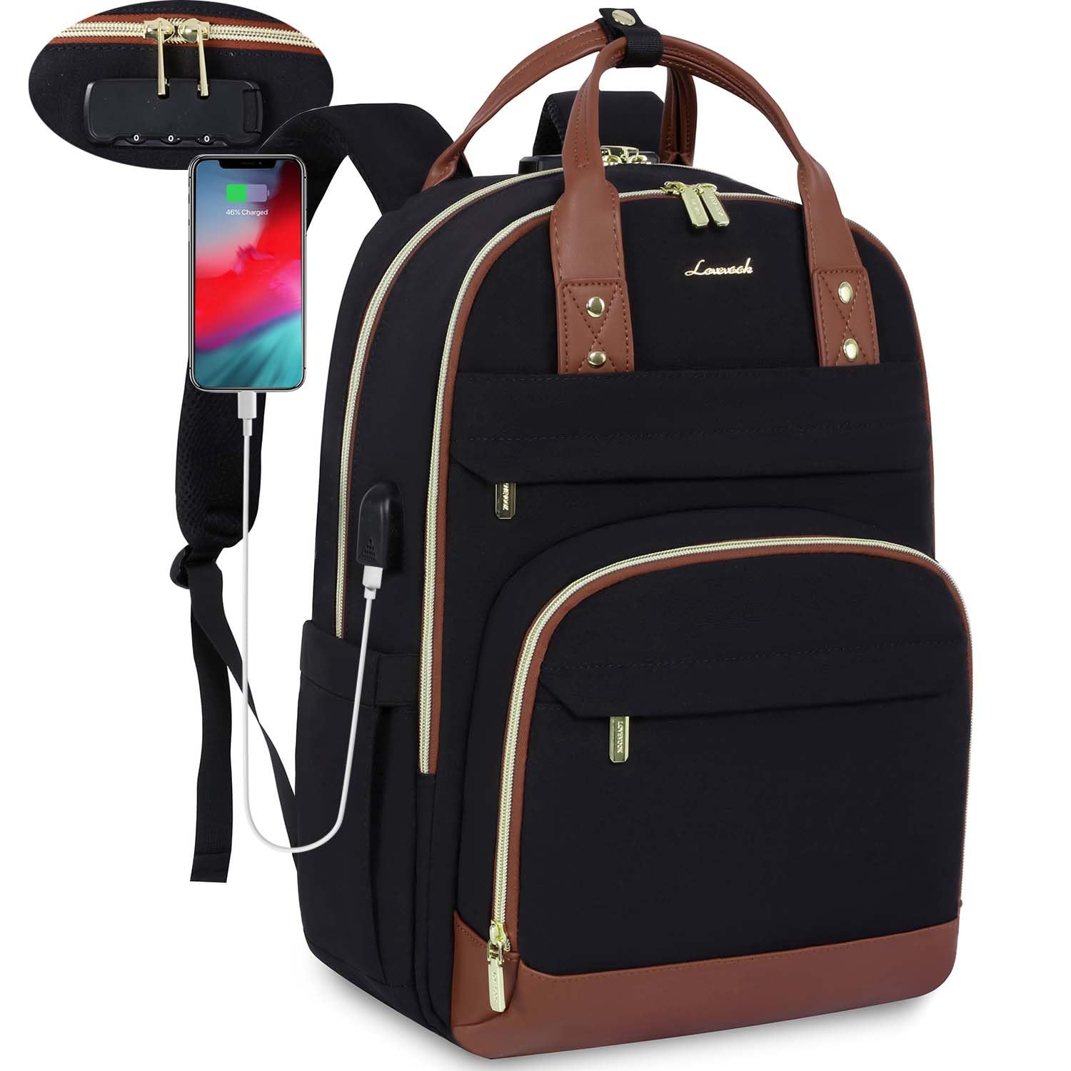 LOVEVOOK Women's Large Anti-Theft Laptop Backpack - 15.6 Inch Business Travel Bag, Durable Hiking Daypack in Black-Brown, Perfect for Work, Commute & Outdoor Adventures