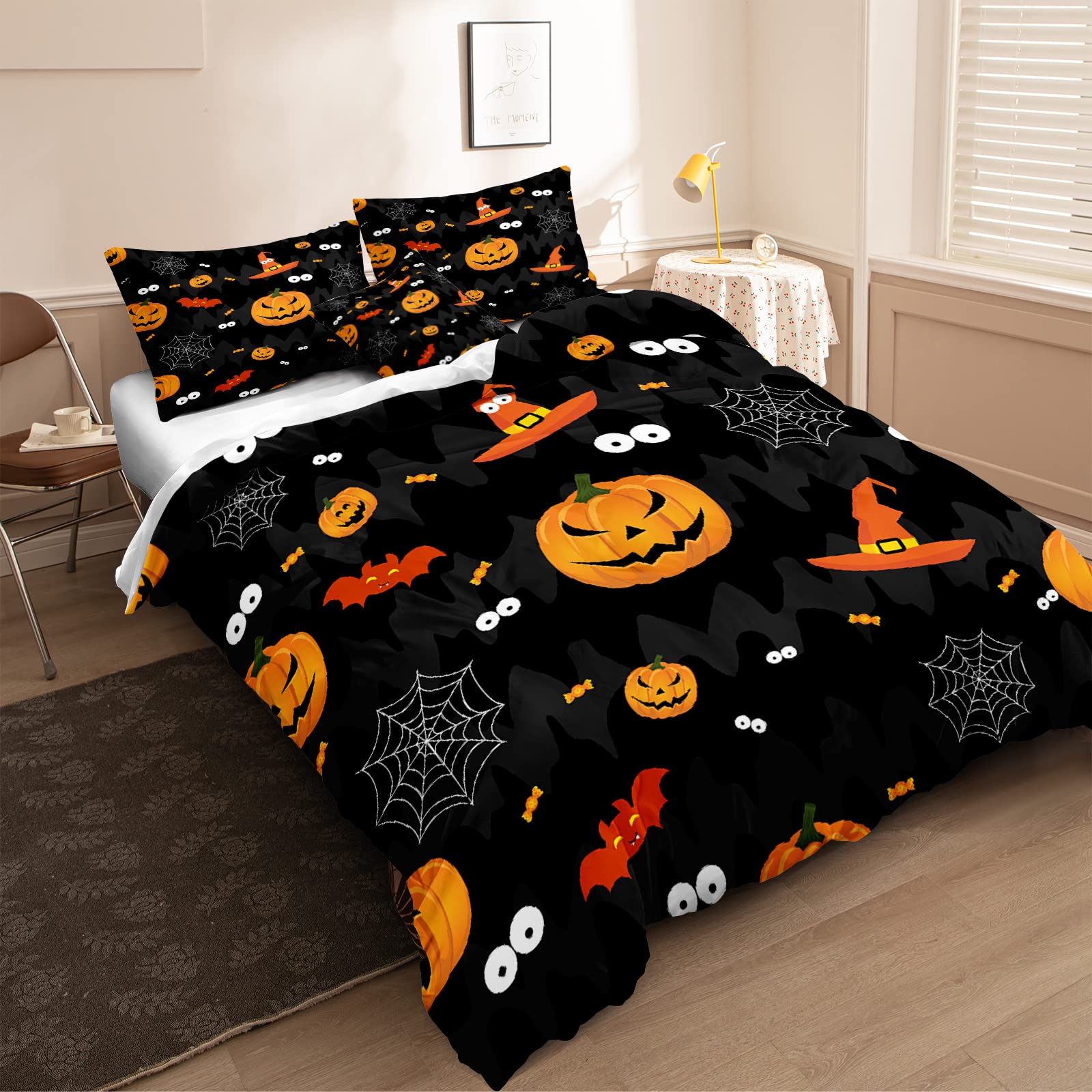 Spooky Halloween Bedding Set - Cartoon Pumpkin Duvet Cover with Bat, Spider Web & Witch Hat Design | Full Size Kids Bedroom Decor for Boys | Perfect for Halloween Parties & Themed Room Decor