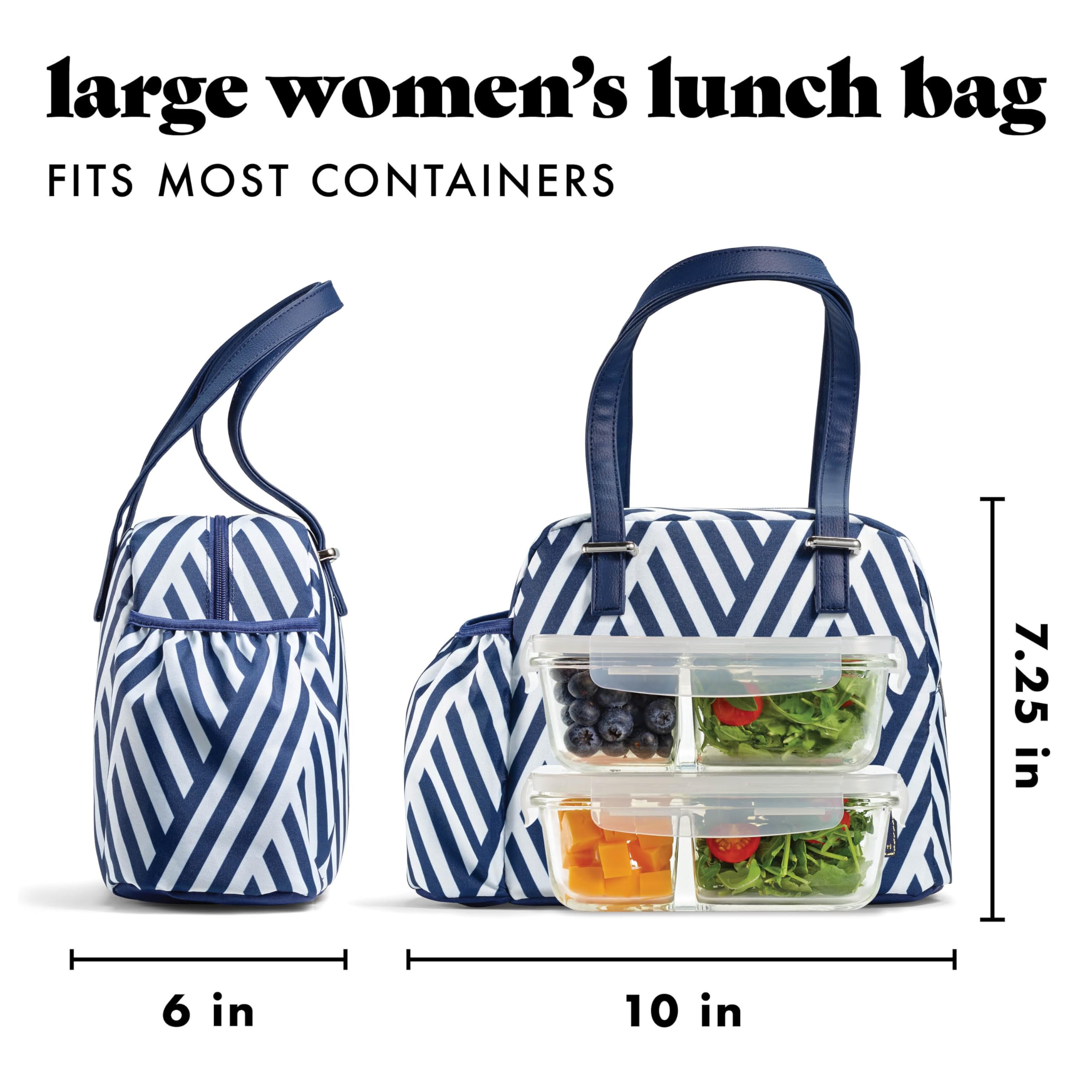 Fit & Fresh Insulated Lunch Bag for Women - Leakproof & Stain-Resistant Large Lunch Box with Bottle Pocket, Zipper Closure - Perfect for Work, Office & School (Navy Stripe, Includes Tumbler)