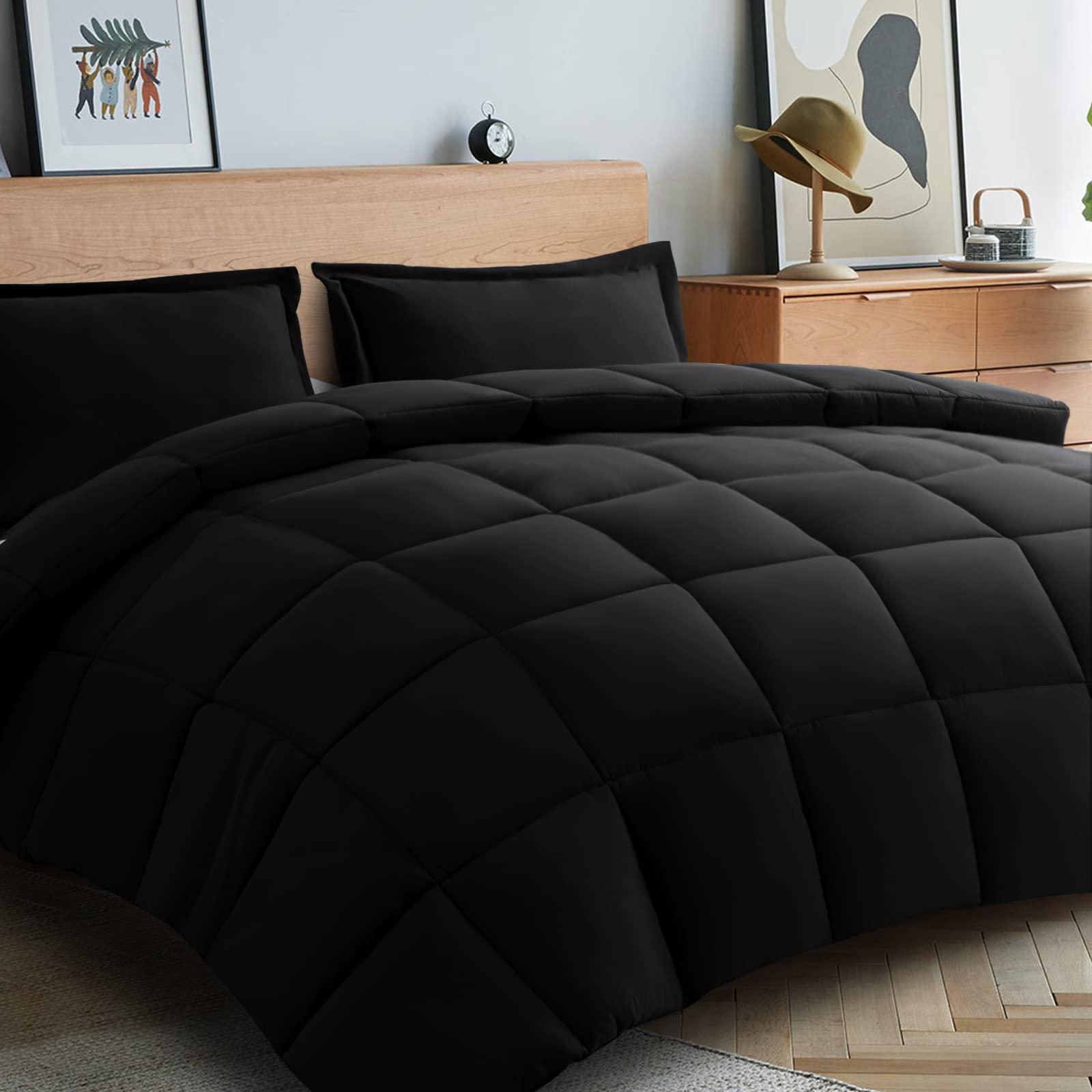 BEDHOURS Twin Comforter Set - Ultra Soft All Season Down Alternative Comforter with Pillow Sham | 100% Breathable Microfiber Lightweight Bedding | Machine Washable Black Twin Size | Perfect for Dorms, Guest Rooms & Cozy Bedrooms