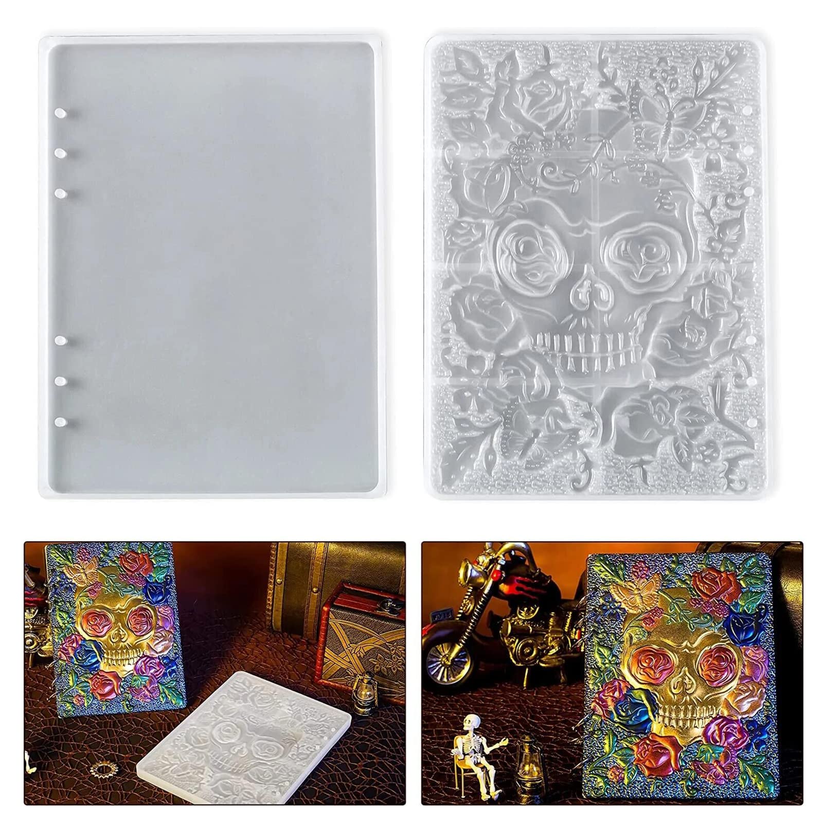 Halloween Skull Pattern Silicone Resin Molds for A5 Notebook Cover - DIY Epoxy Resin Crafting, Book Rings Included - Perfect for Handmade Journals, Scrapbooking & Unique Gift Making