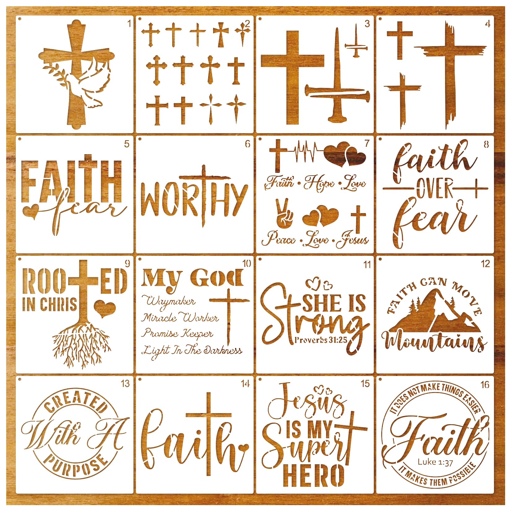 16-Piece Christian Stencils Set for Bible Cross Painting - Reusable Faith Stencils for Wood Signs, Fabric, Canvas, Wallpaper & Home Decor - Perfect for DIY Crafts, Church Projects & Scripture Art
