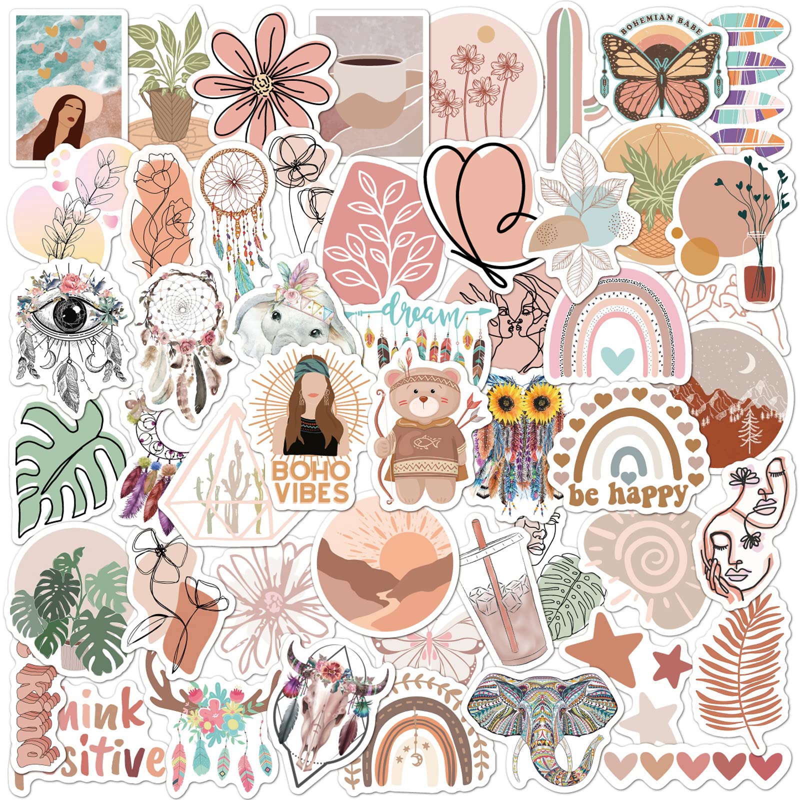 50 Pcs Boho Stickers - Cute Hippie Vinyl Stickers for Water Bottles, Laptop, Phone, Skateboard - Waterproof Aesthetic Decals for Women, Teens, Girls - Perfect for DIY Crafts, Scrapbooking & Personalizing Accessories