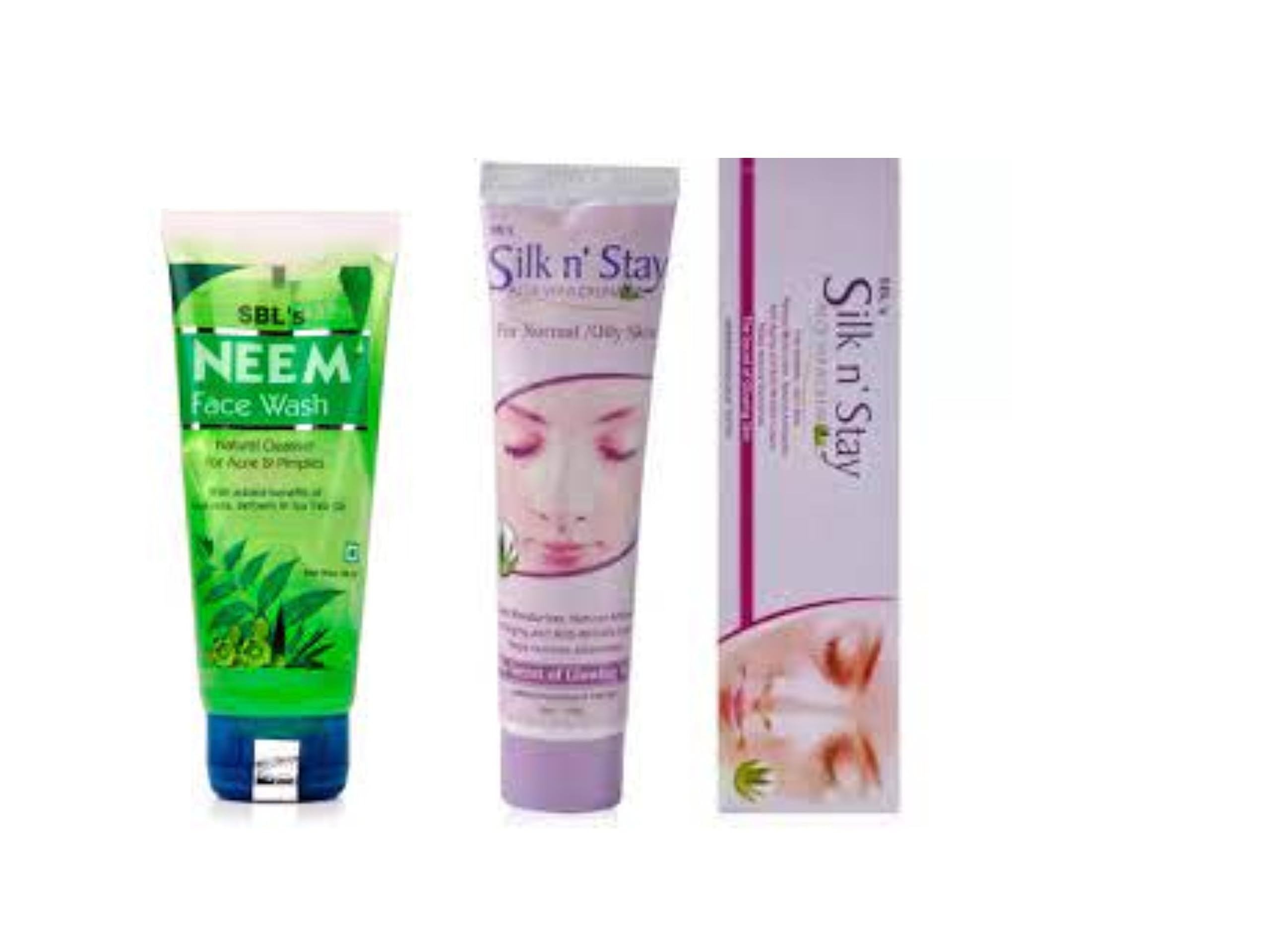 SBL Neem Face Cream 100ml for Acne & Oily Skin + SBL Silk n Stay Aloe Vera Cream 100g x2 for Hydration & Glow | Natural Skincare Set for Daily Face Care & Moisturizing