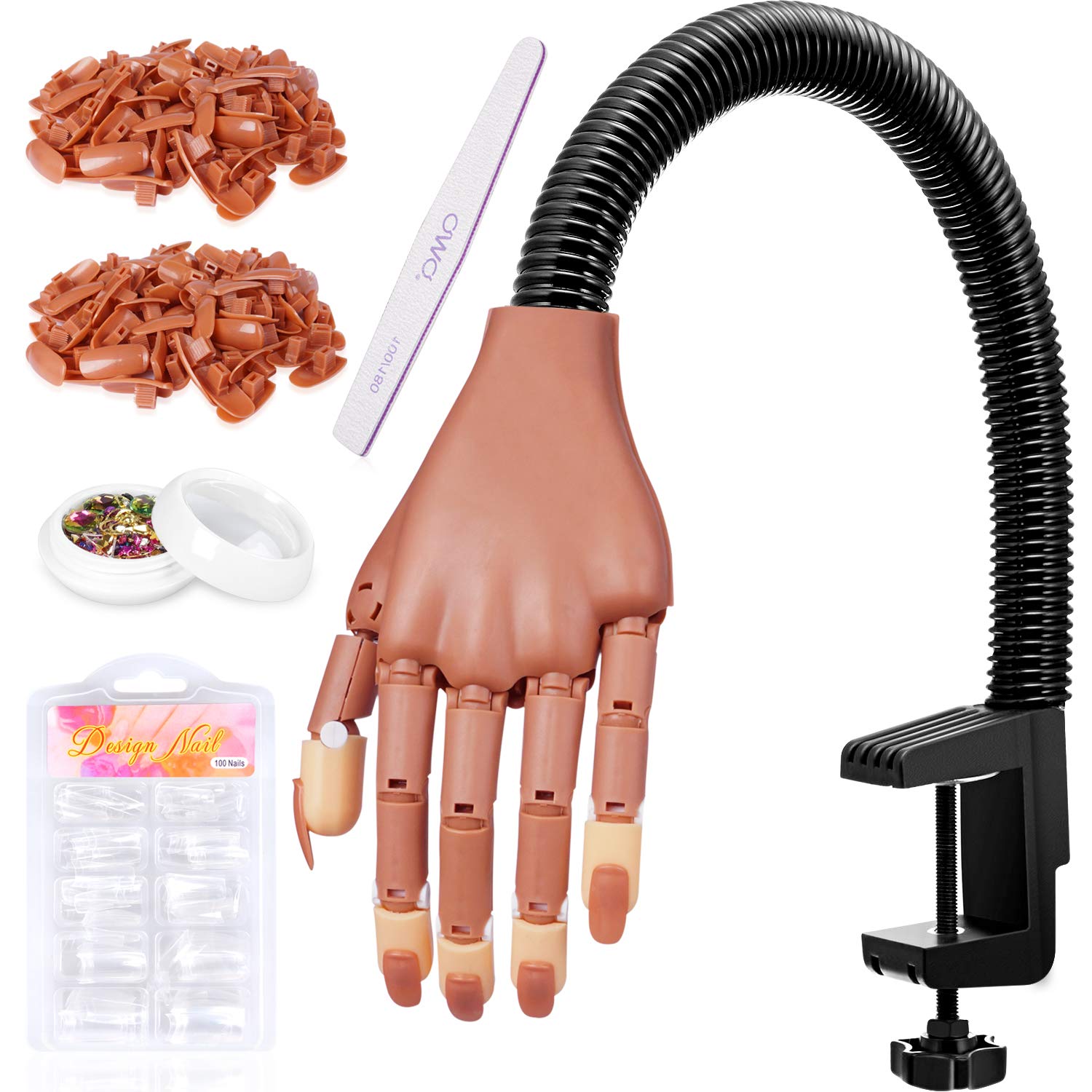 HoMove Flexible Nail Practice Hand - Professional Acrylic Nail Training Mannequin with 300 False Nail Tips & File Kit - Perfect for DIY Manicure, Nail Art Practice & Salon Training at Home