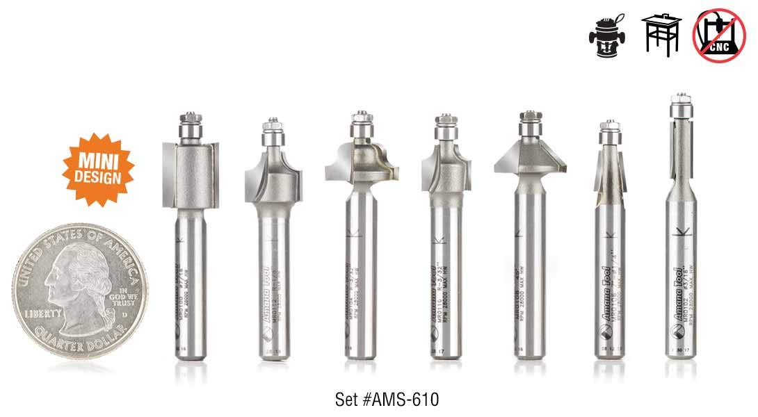 Amana Tool AMS-MRSET 3-Piece Miniature Router Bit Set with 3/16