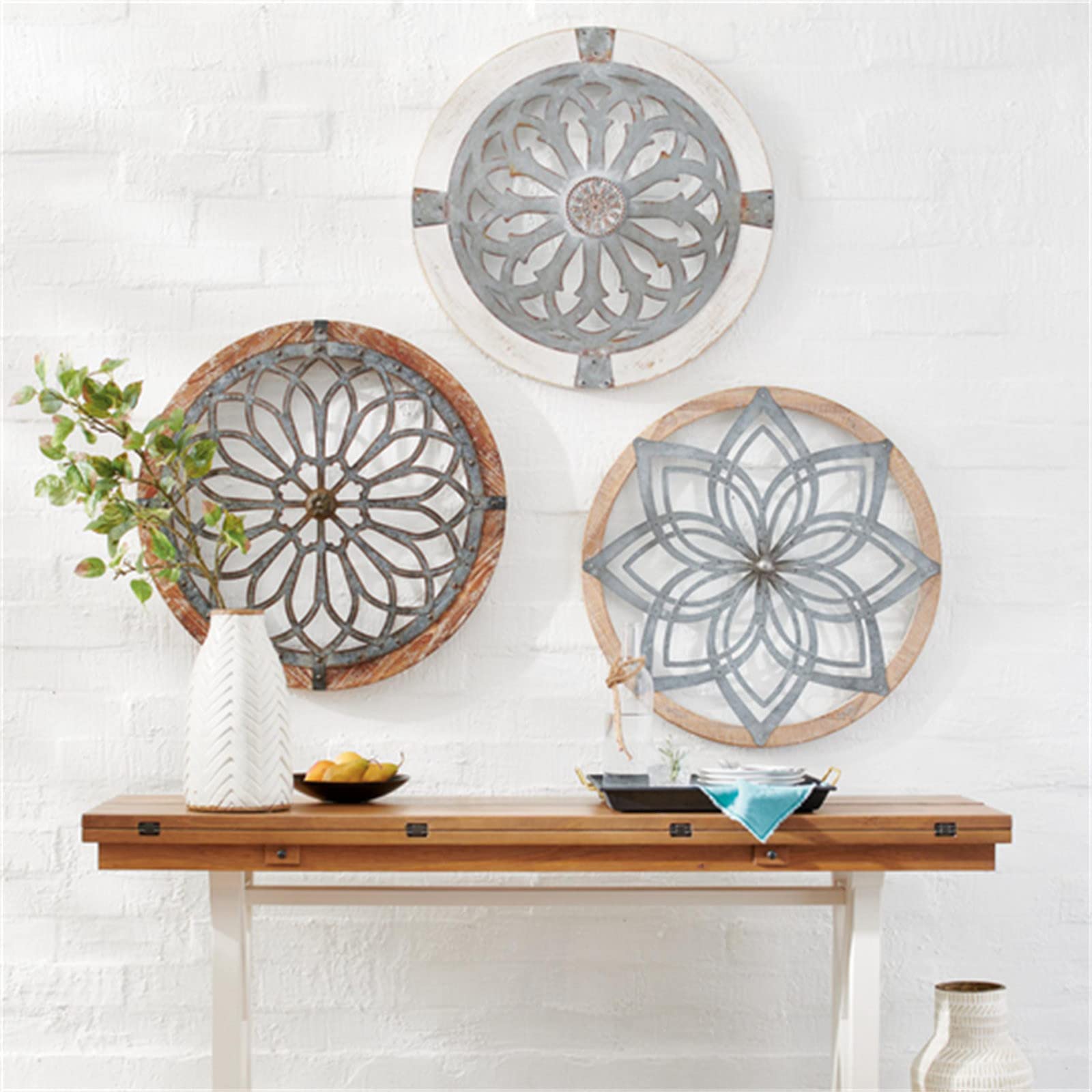 Heritage Round Wall Art - Rustic Wood & Metal Wall Decor with Flower Carvings & Geometric Frame | Hanging Art Sculpture for Living Room, Home, Office | Indoor & Outdoor Decoration | Perfect for Farmhouse, Boho & Modern Interiors