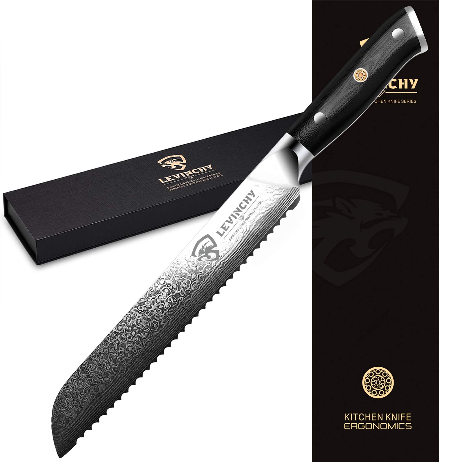 8 Inch Professional Japanese Damascus Stainless Steel Bread Knife with Black G10 Handle - Ergonomic Kitchen Knife with Superb Edge Retention, Stain & Corrosion Resistant - Perfect for Slicing Bread, Pastries, and Baked Goods