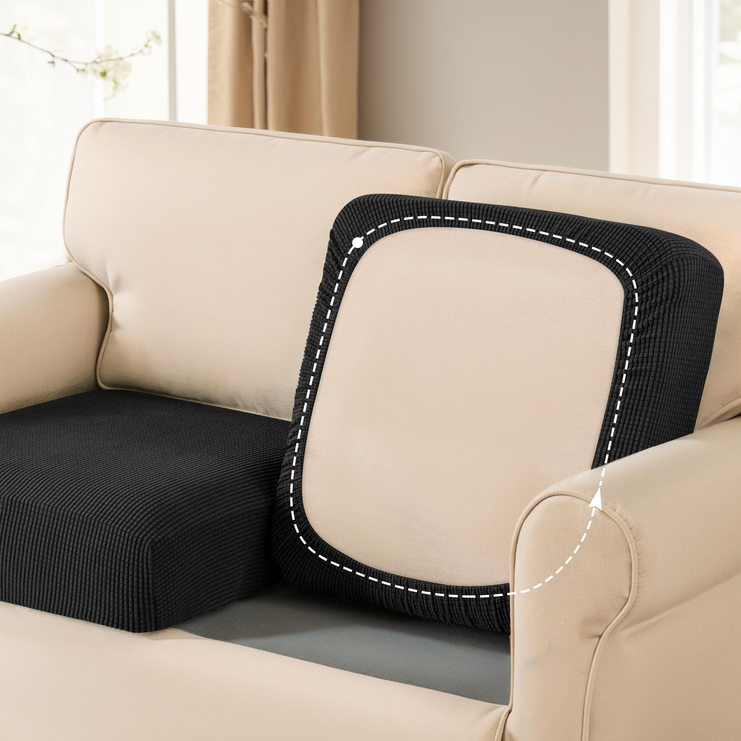 SUBRTEX Stretch Cushion Covers - 3 Pack Black Spandex Elastic Slipcovers for Couch, Sofa, Loveseat, RV & Chair Seats - Soft Furniture Protector for Home, Office & Travel Use