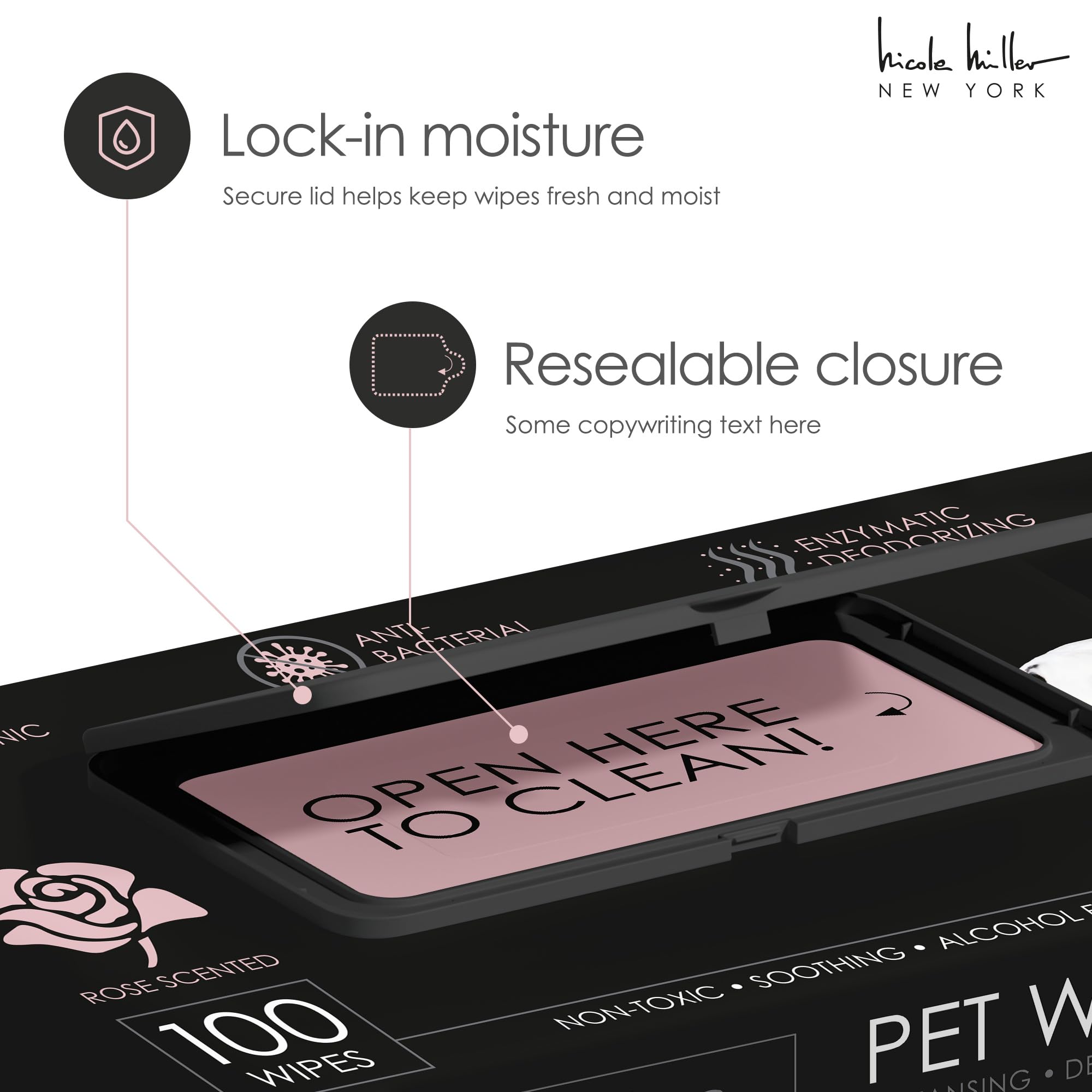 Nicole Miller Alcohol-Free Rose Scented Pet Wipes for Dogs & Cats - 100 Count, Gentle Cleaning for Ears, Paws, Body & Butt | Perfect for Grooming, Travel & Post-Walk Cleanup