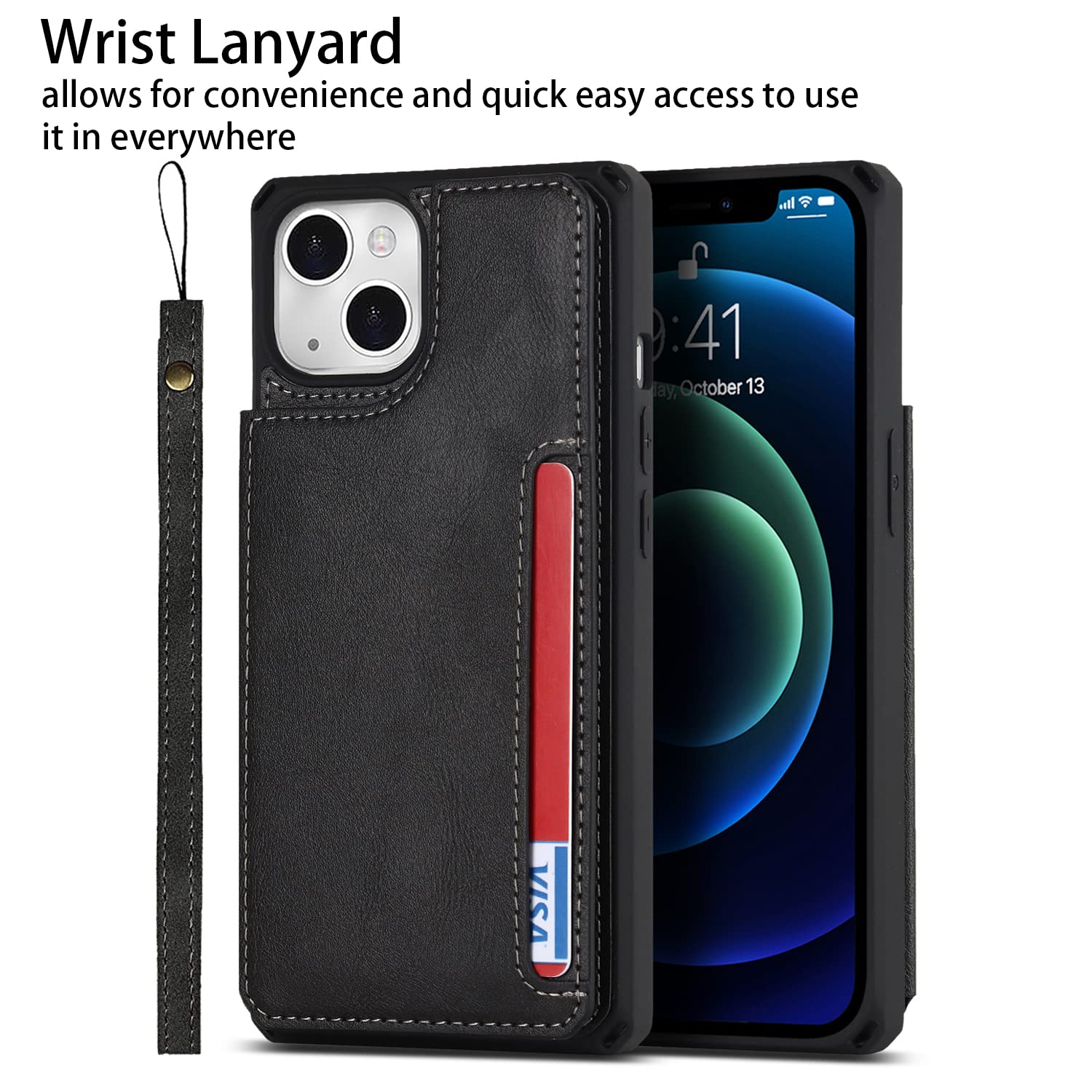 Premium Leather iPhone 13 Wallet Case with Card Holder & Stand - Shockproof Protective Phone Cover for Women & Men | Perfect for Travel, Work & Everyday Use (Black)