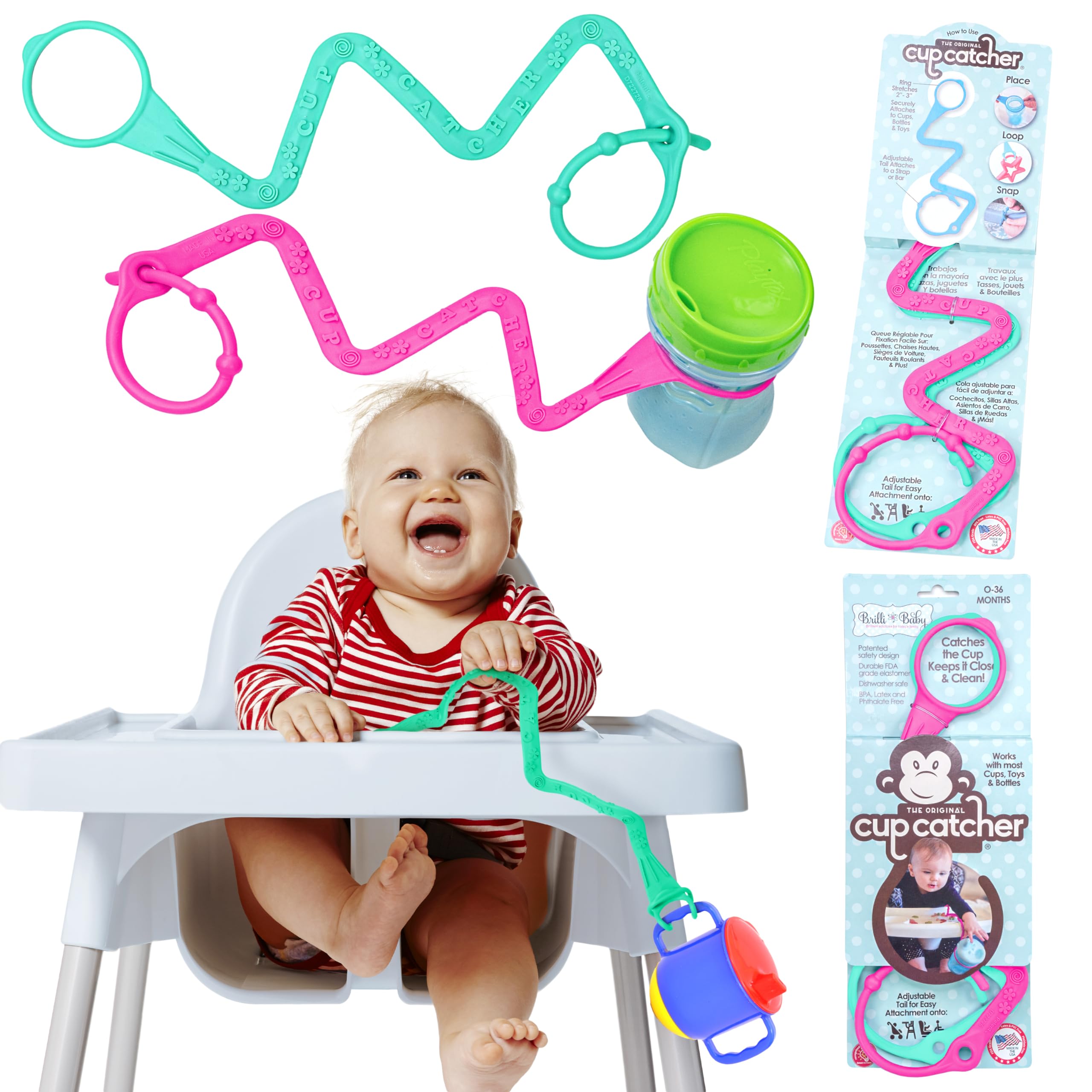Brilli Baby Cup Catcher 2 Pack - Patented Safety Tether Strap for Sippy Cups, Bottles, Toys & Pacifiers - Securely Attach to Strollers, High Chairs & Car Seats - Made in USA, Food Grade & Dishwasher Safe (Aqua & Pink) - Perfect for On-the-Go Parents & Toddlers at Parks, Restaurants & Travel
