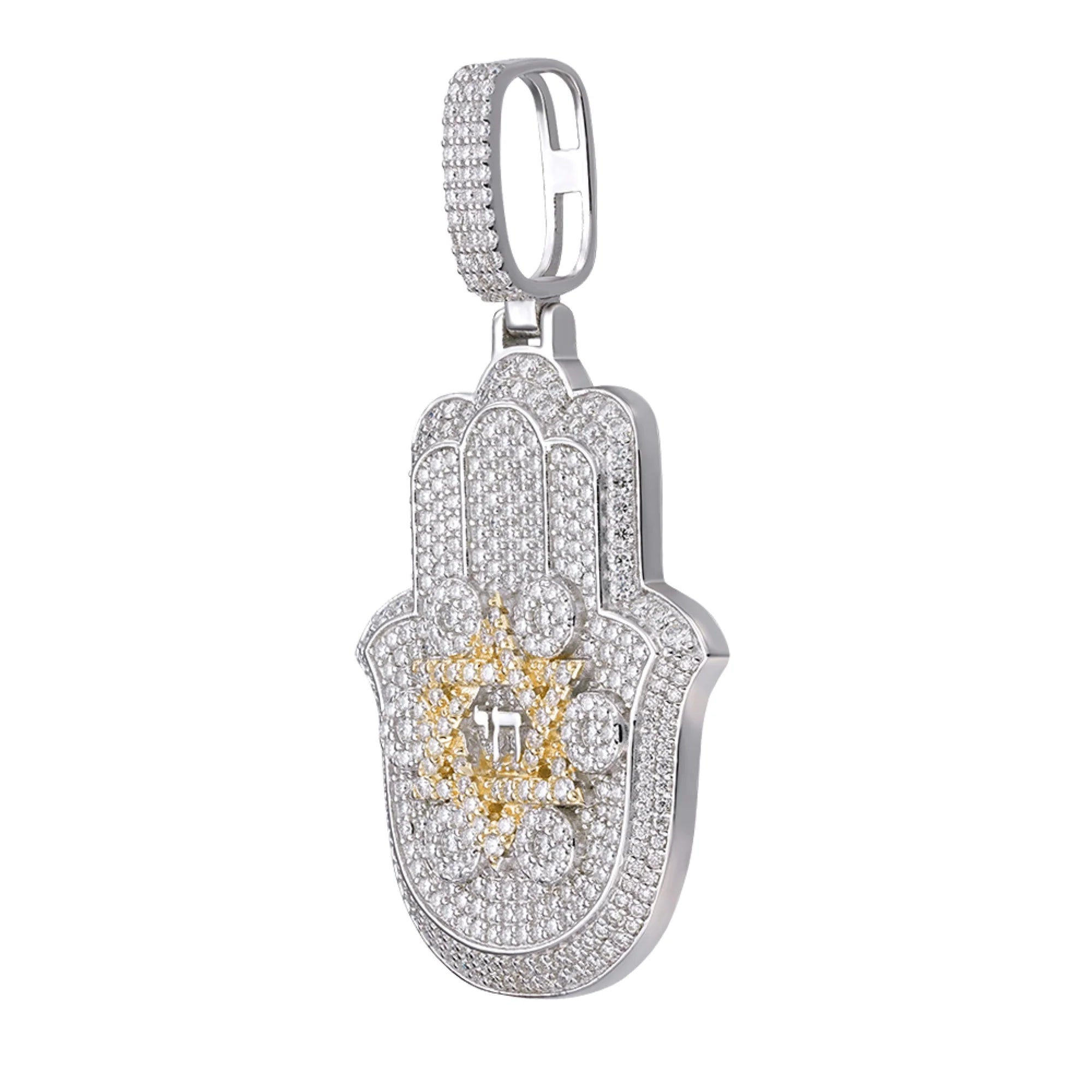 Moissanite 2 Tone Gold Hamsa Hand Pendant Necklace - 925 Sterling Silver Jewelry for Women - Perfect for Everyday Wear, Gift Giving & Spiritual Protection
