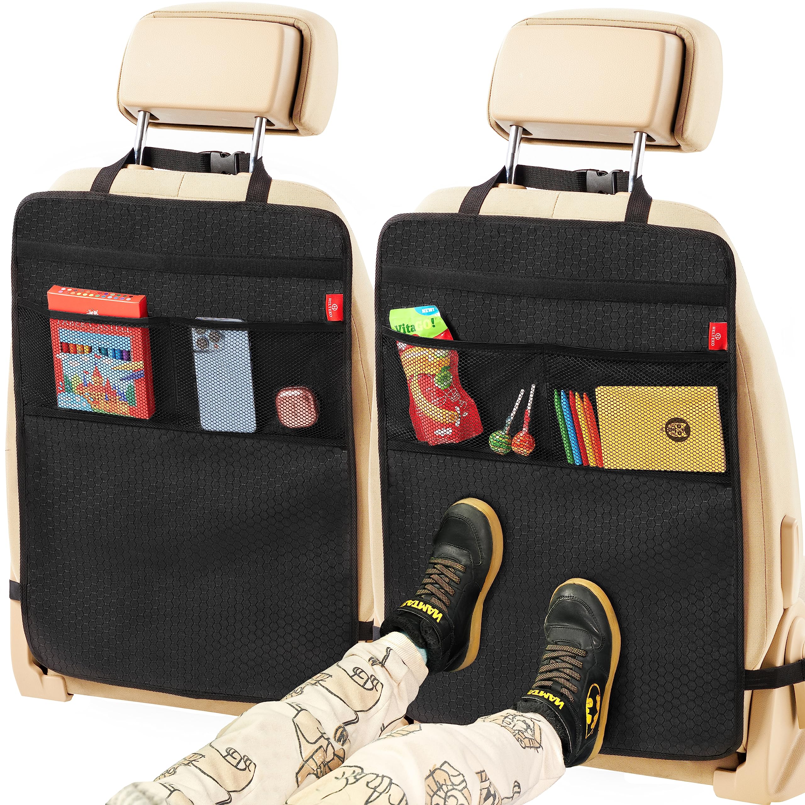 Helteko 2 Pack Premium Car Back Seat Protector - Extra Large Waterproof Kick Mats for Kids, Dirt & Mud Protection with Mesh Pockets - Ideal for Family Travel, Road Trips & Daily Commute