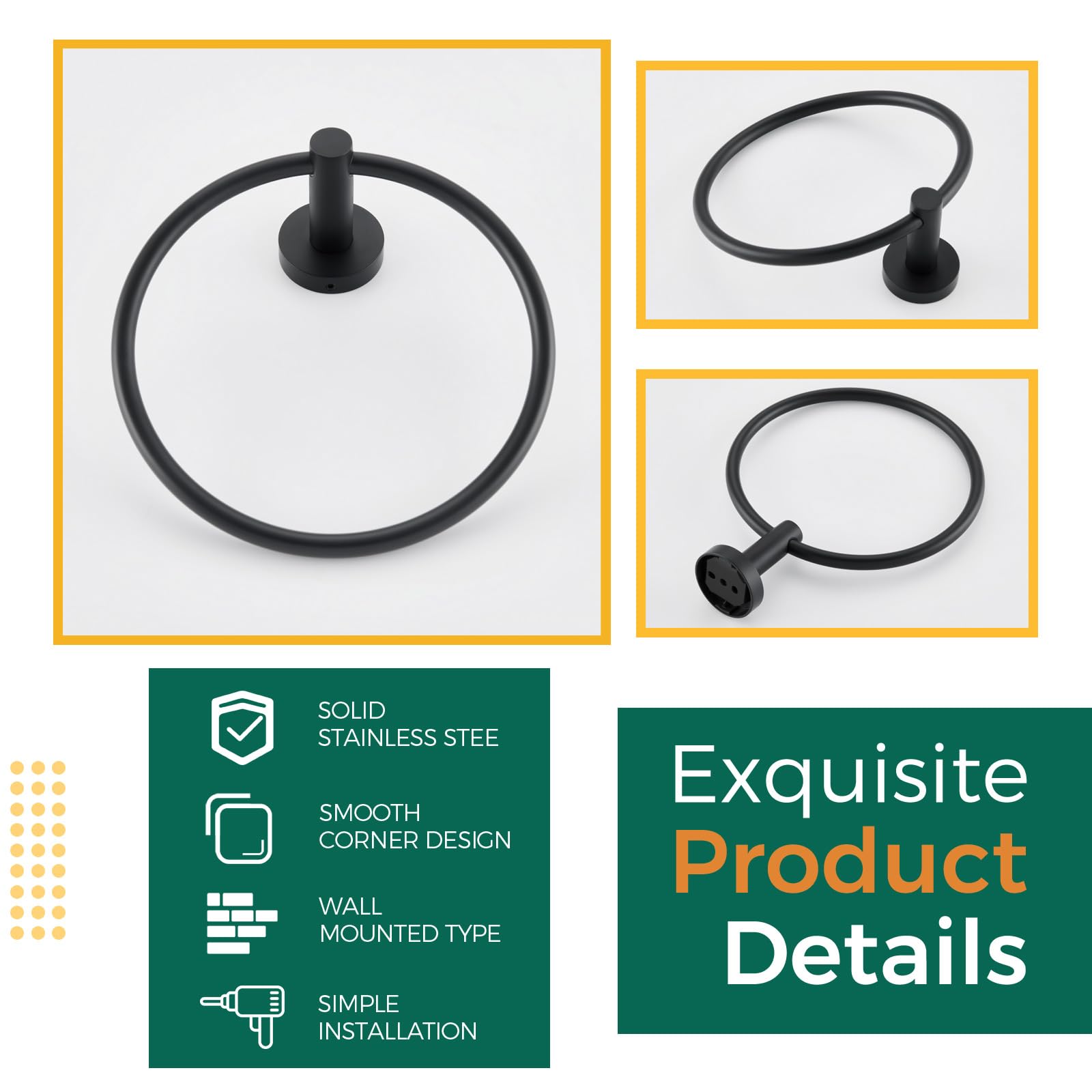 Aomasi Matte Black Stainless Steel Swivel Towel Ring - Stylish Round Bathroom Hand Towel Holder for Washcloth & Kitchen Use