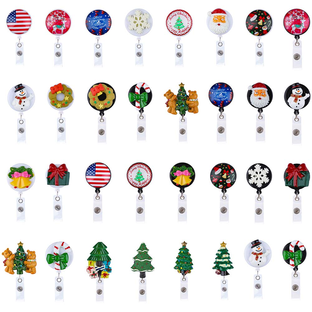 12 Pack Retractable ID Badge Holders with Clip - 28 Inch Lanyard Reels for Office, Hospital & School - Perfect for Employees, Doctors, Nurses, Teachers & Students (Christmas Tree Design) - Ideal for Workplace Security, Conferences & Campus Identification