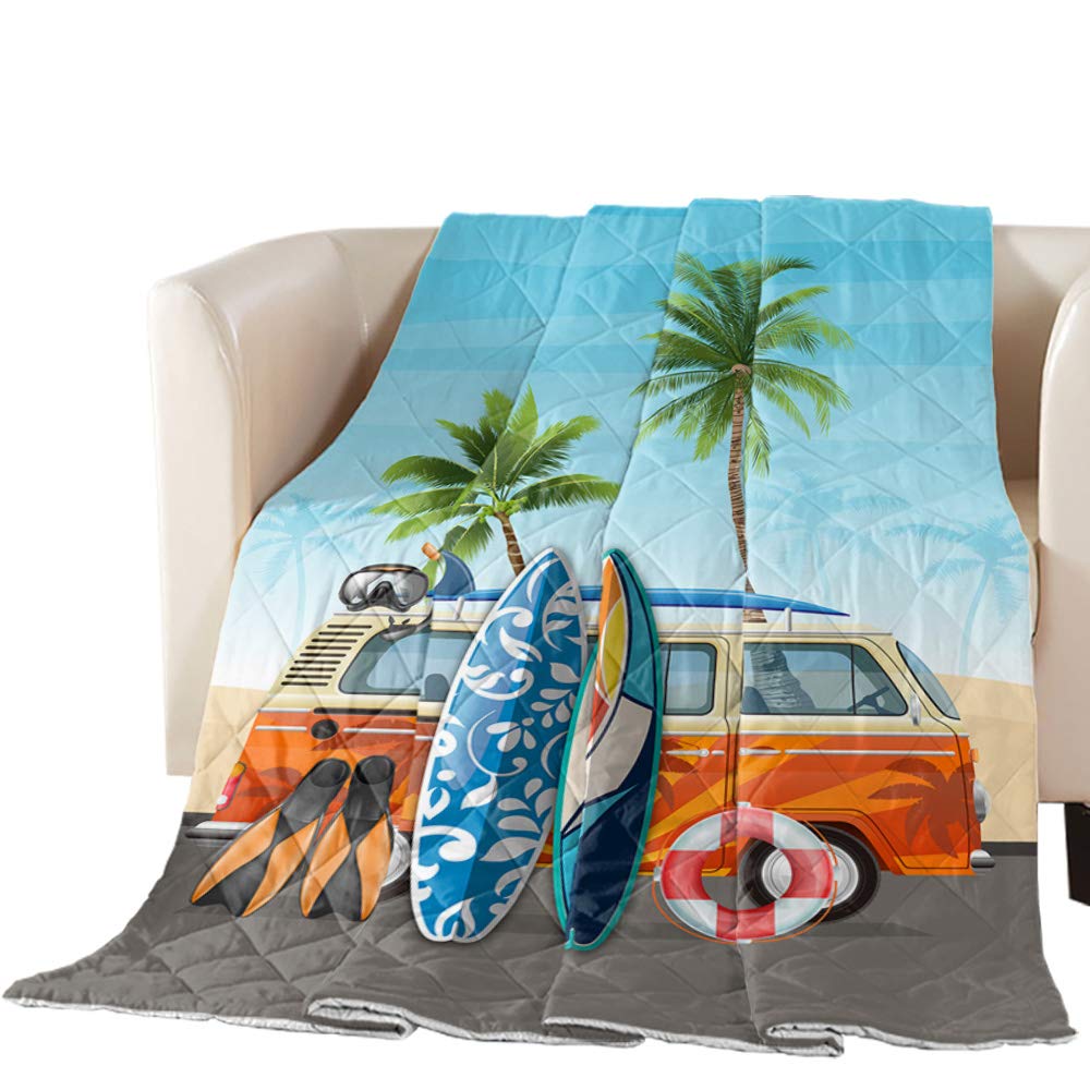 Breathable Cotton Quilted Comforter - Summer Surfing Throw Blanket with Tropical Palm Leaf Design - Soft Twin-Size Bedspread for All Seasons | Perfect for Beach Houses, Dorm Rooms & Cozy Bedrooms