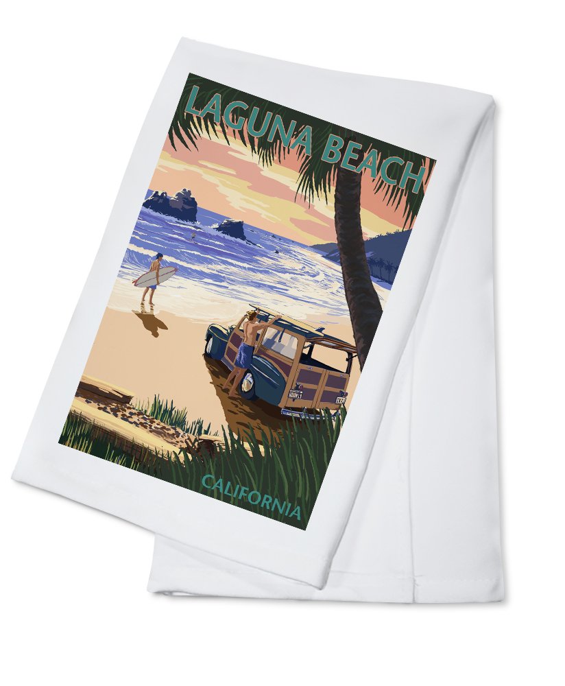 California Laguna Beach Woody on The Beach with Palm Print 100% Cotton Tea Towel - Decorative Hand Towel for Kitchen, Bathroom & Home Decor - Perfect for Beach House, Coastal Theme Decor and Gift Giving