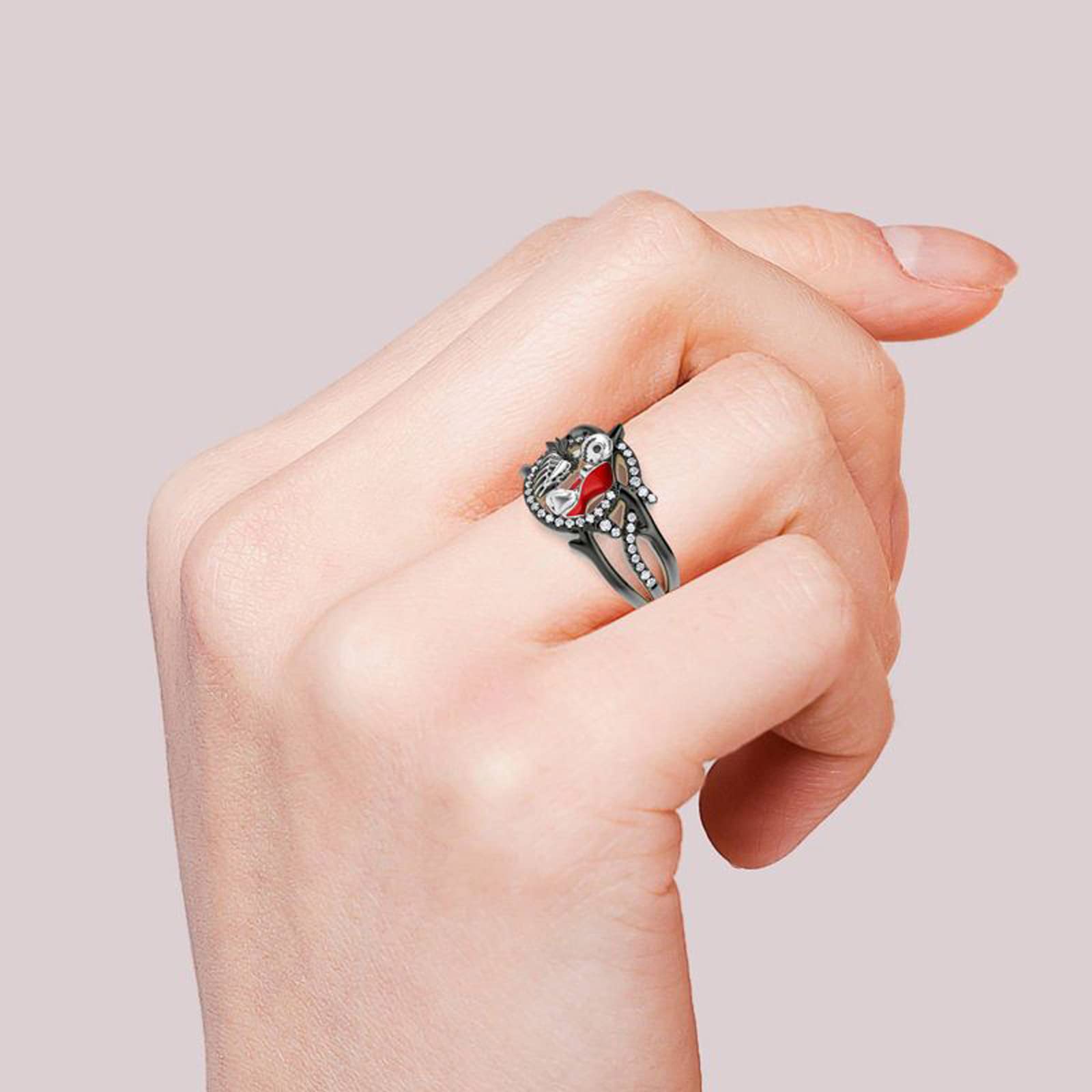 Gothic Skull Diamond Ring Sterling Silver Jack & Sally Skeleton Band - Halloween Jewelry for Women, Engagement & Anniversary Gift with Gift Box | Perfect for Christmas, Cosplay & Gothic Fashion