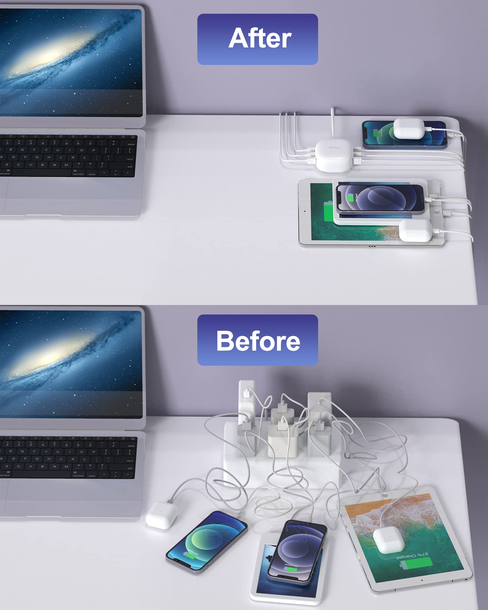 Multi-Port USB Charging Station - 6 Port Fast Charger with Smart IC for iPhone, Android, Samsung - White & Black Bundle - Perfect for Home, Office, Travel & Family Use