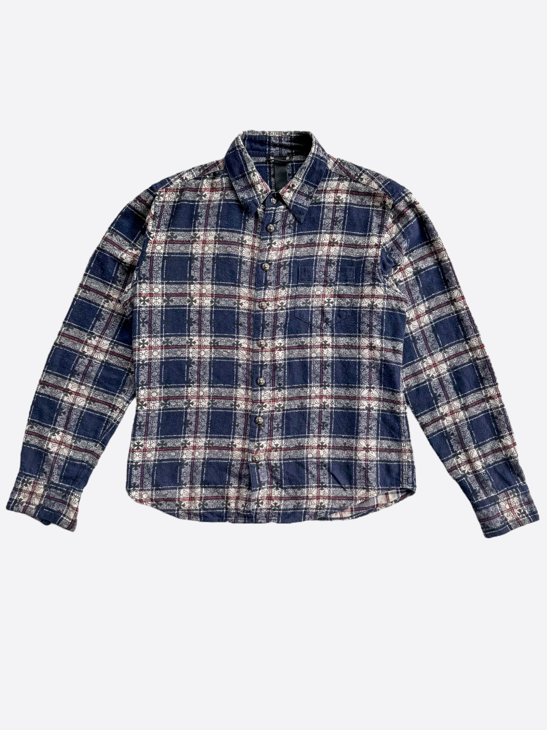 Chrome Hearts Blue Cross Patch Jacquard Button Up Shirt for Men | Stylish Gothic Fashion Top | Perfect for Casual Wear, Concerts & Street Style